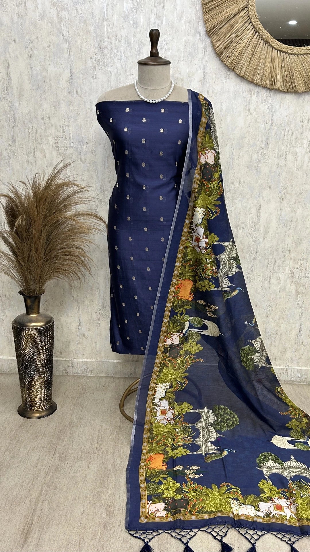 Chanderi Unstitched Suit Set With Printed Dupatta(Dark)