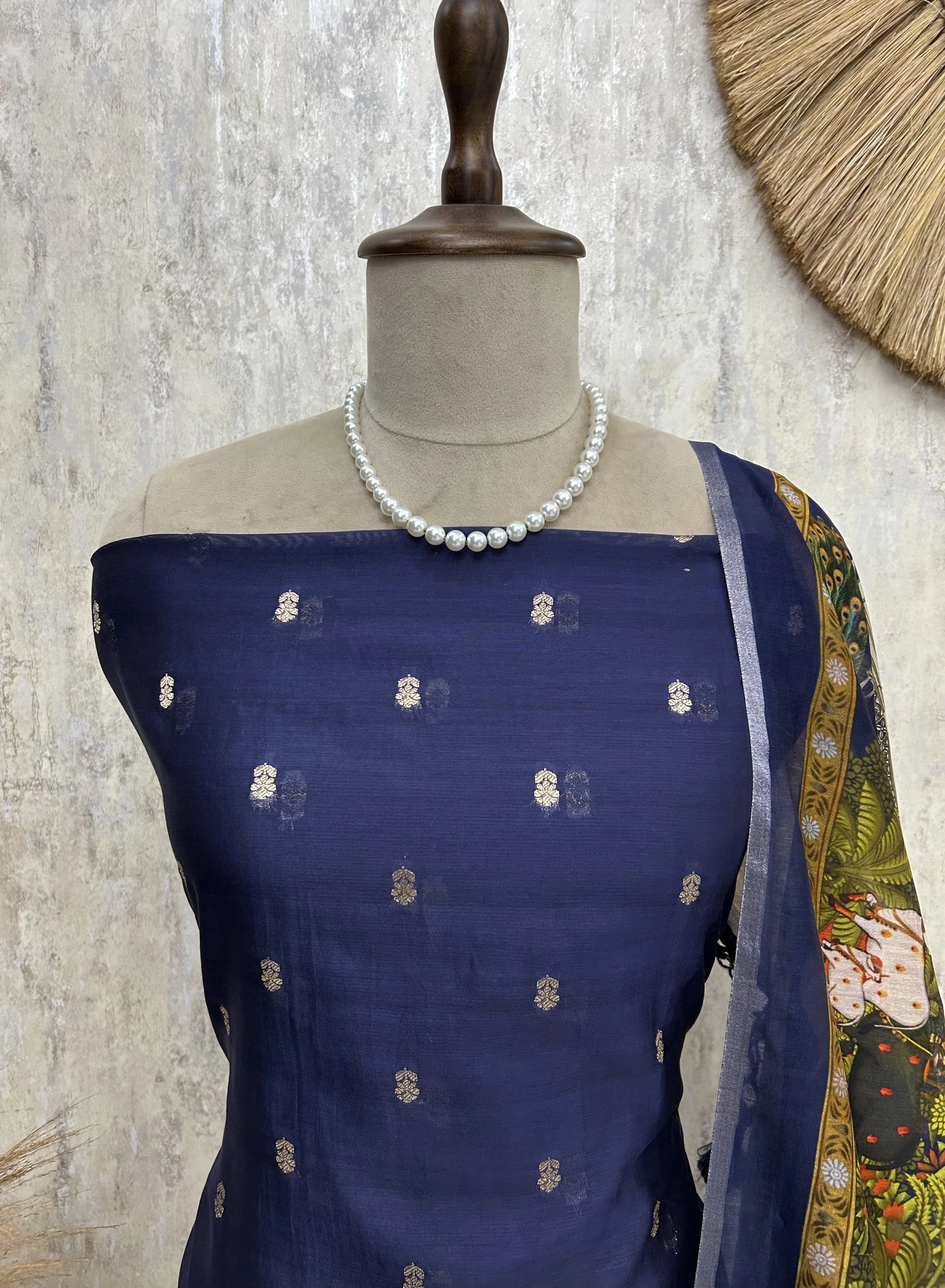 Chanderi Unstitched Suit Set With Printed Dupatta(Dark)