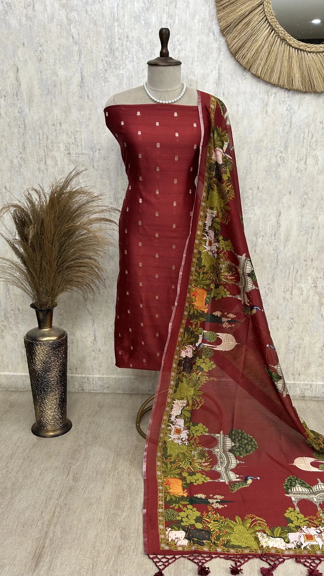 Chanderi Unstitched Suit Set With Printed Dupatta(Dark)