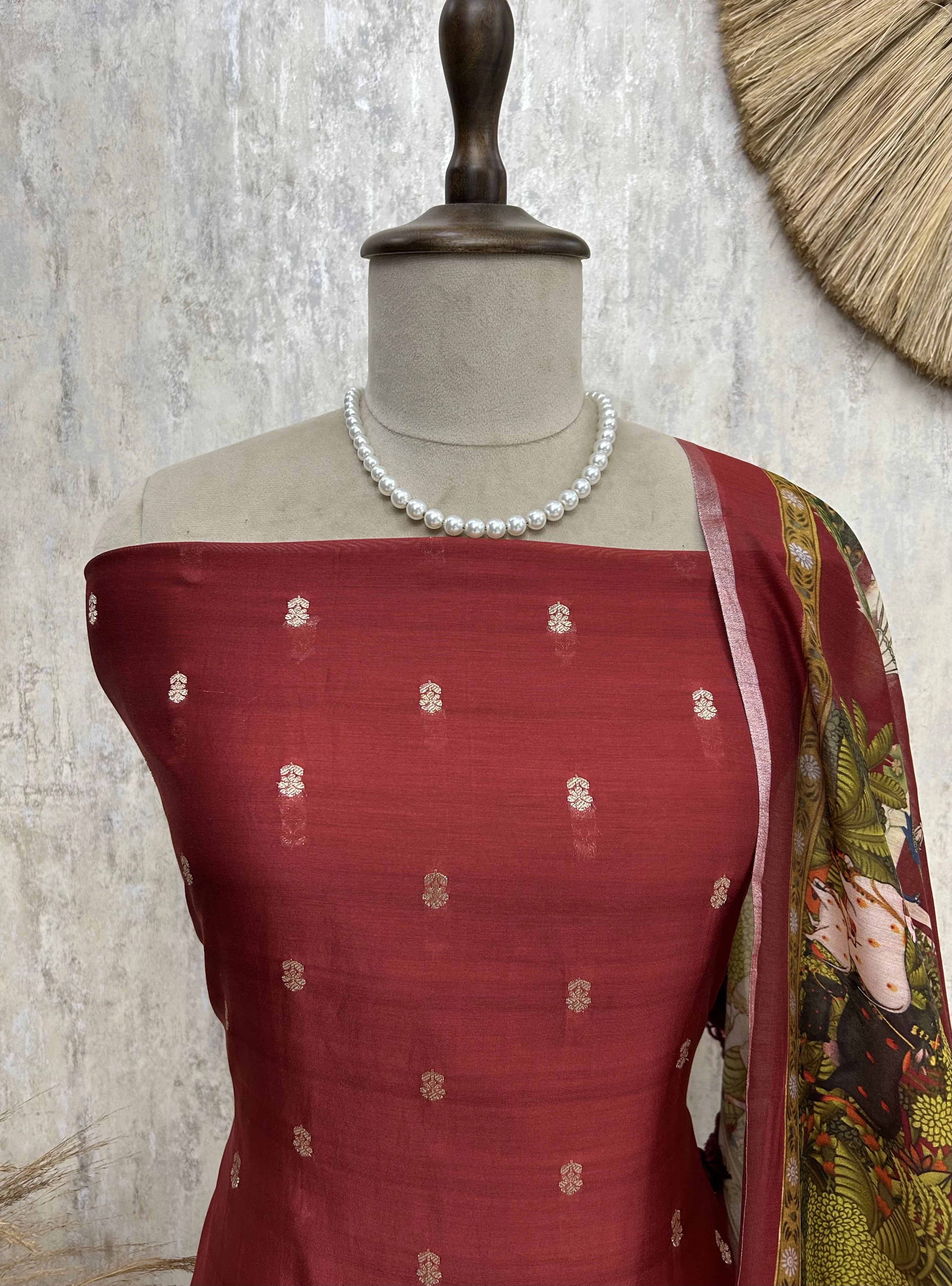 Chanderi Unstitched Suit Set With Printed Dupatta(Dark)