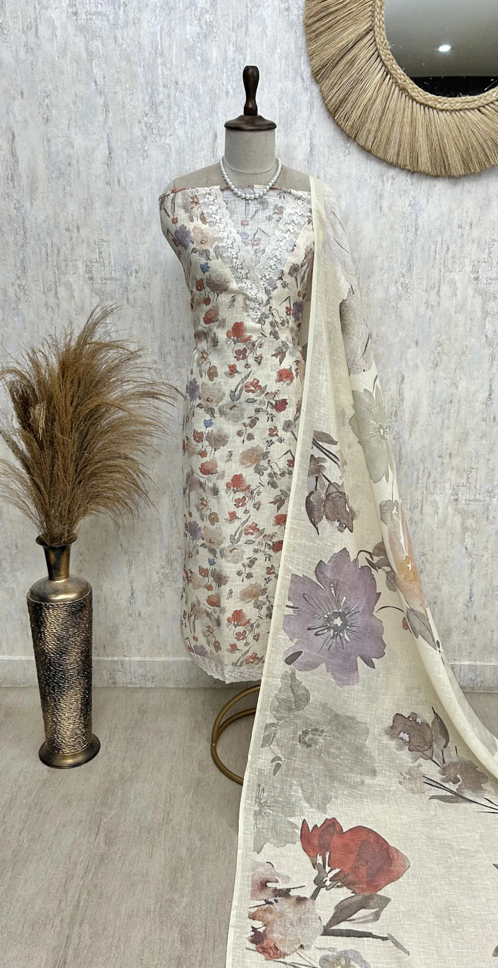 Printed Leaf Motif Jamdani Linen Unstitched Suit Set