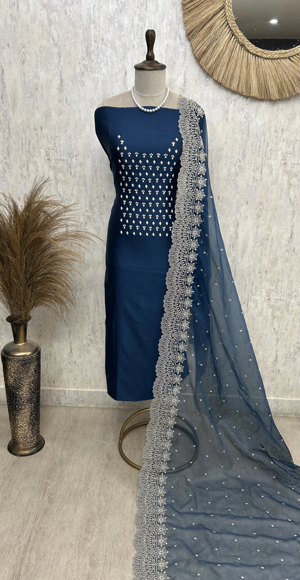 Chanderi Unstitched Suit Set With Pearl Work