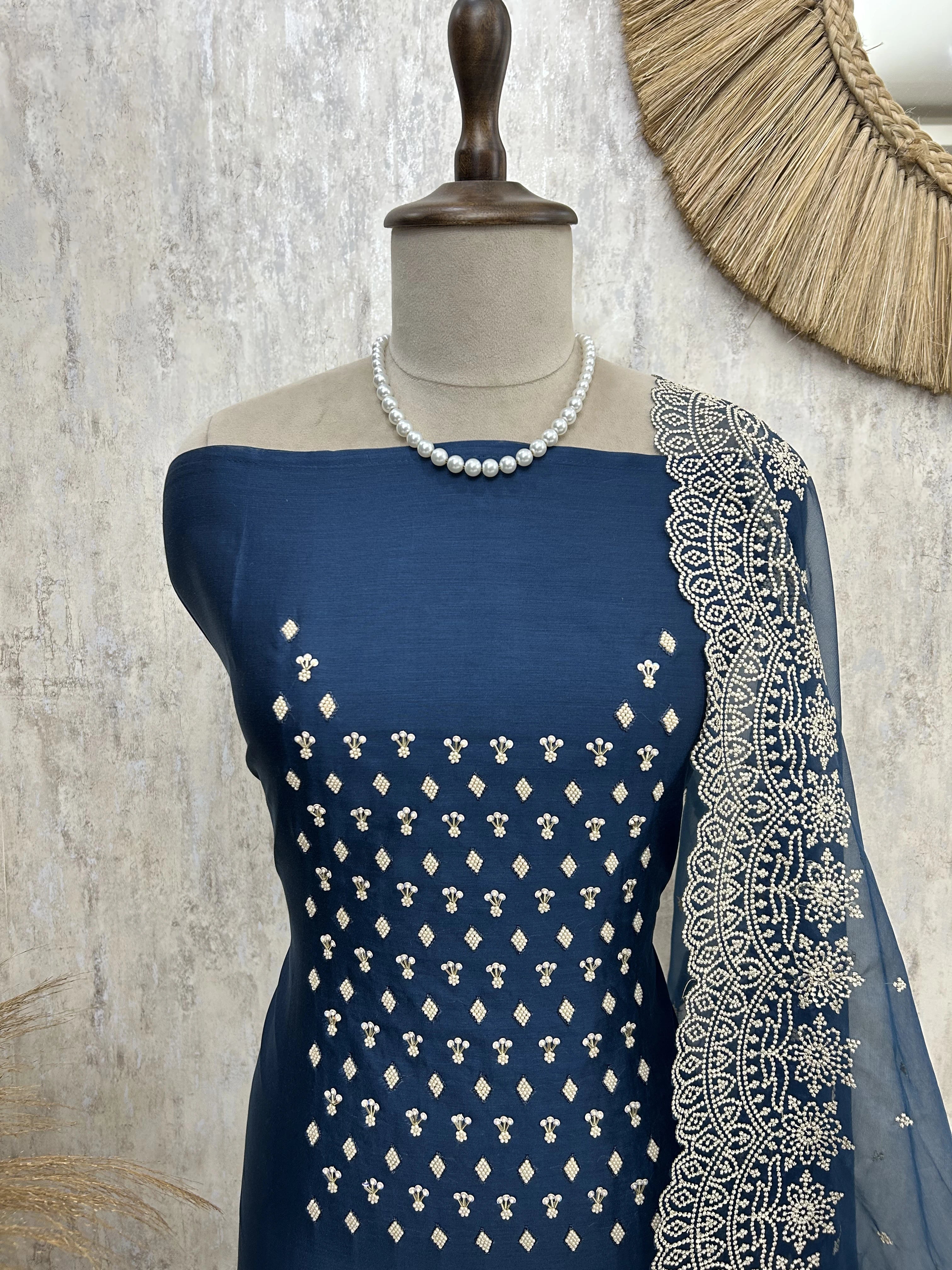 Chanderi Unstitched Suit Set With Pearl Work