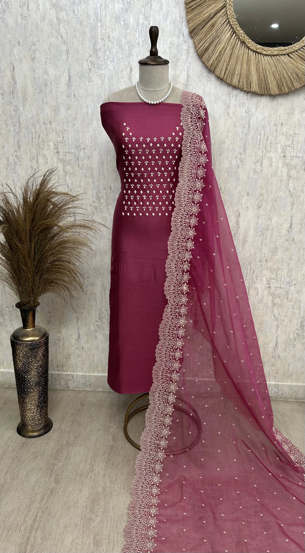 Chanderi Unstitched Suit Set With Pearl Work