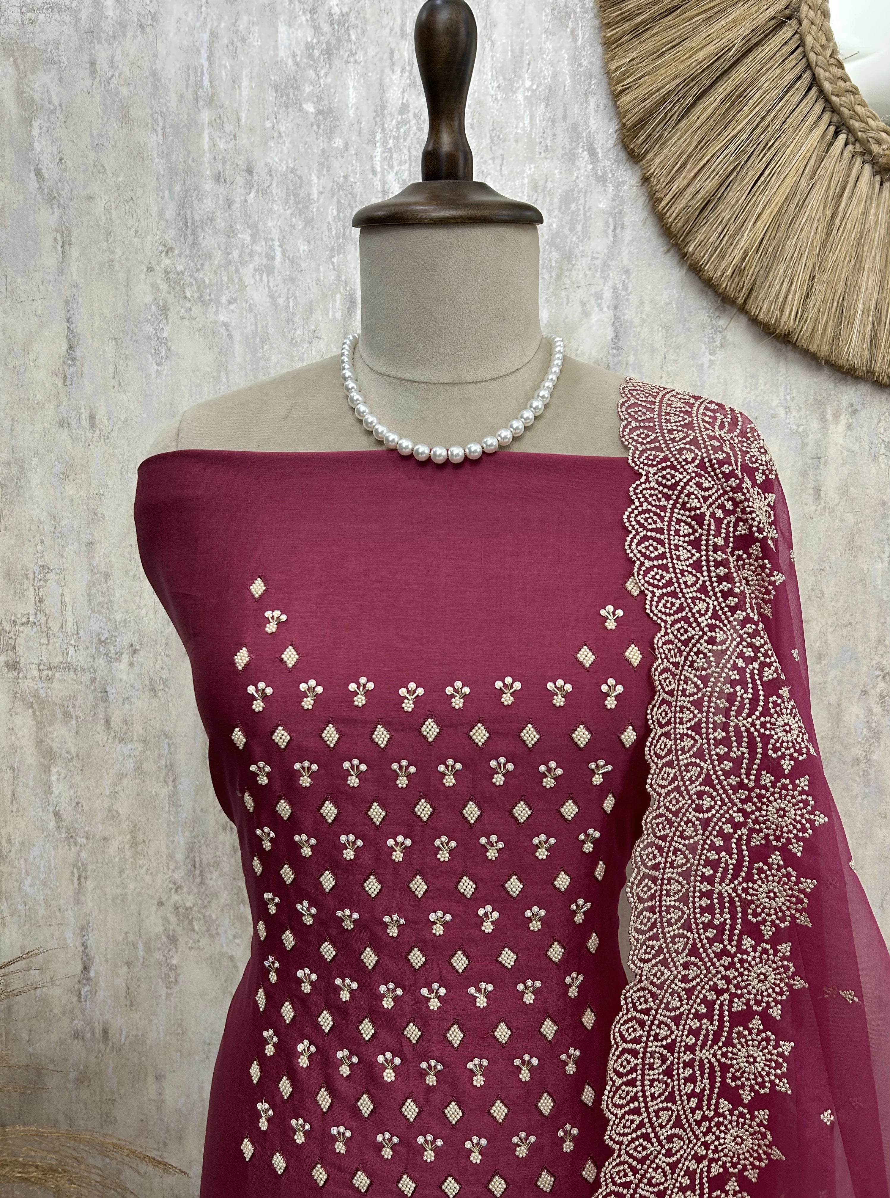 Chanderi Unstitched Suit Set With Pearl Work