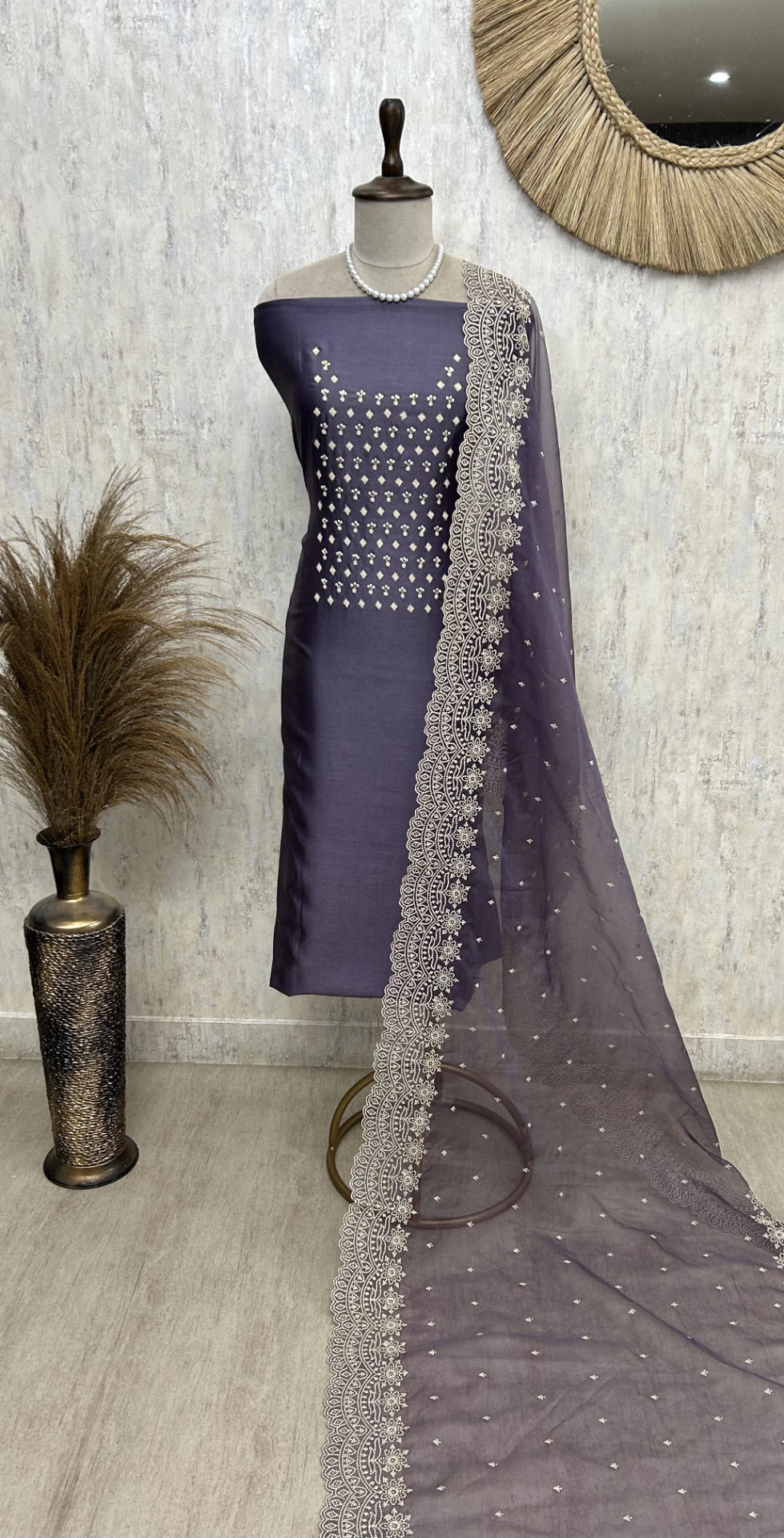 Chanderi Unstitched Suit Set With Pearl Work