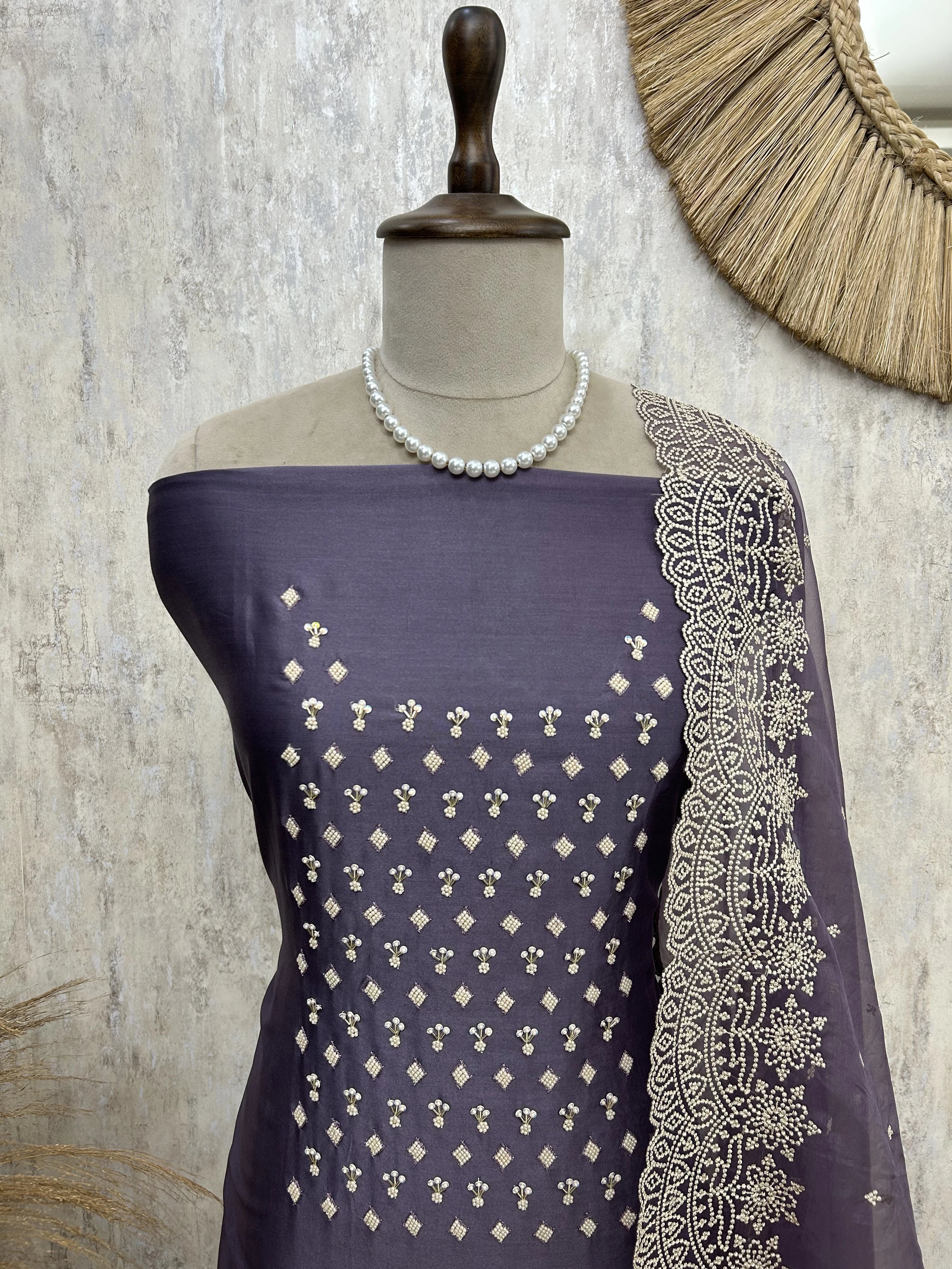 Chanderi Unstitched Suit Set With Pearl Work