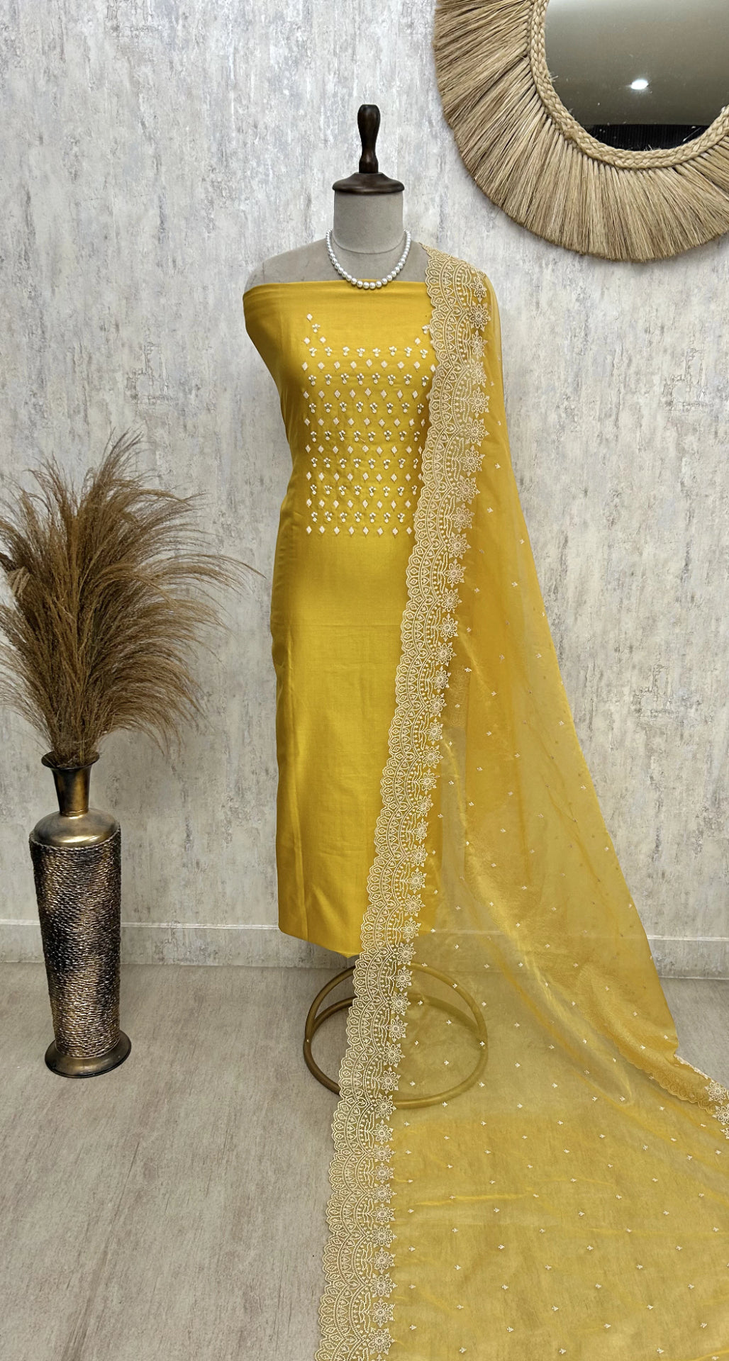 Chanderi Unstitched Suit Set With Pearl Work