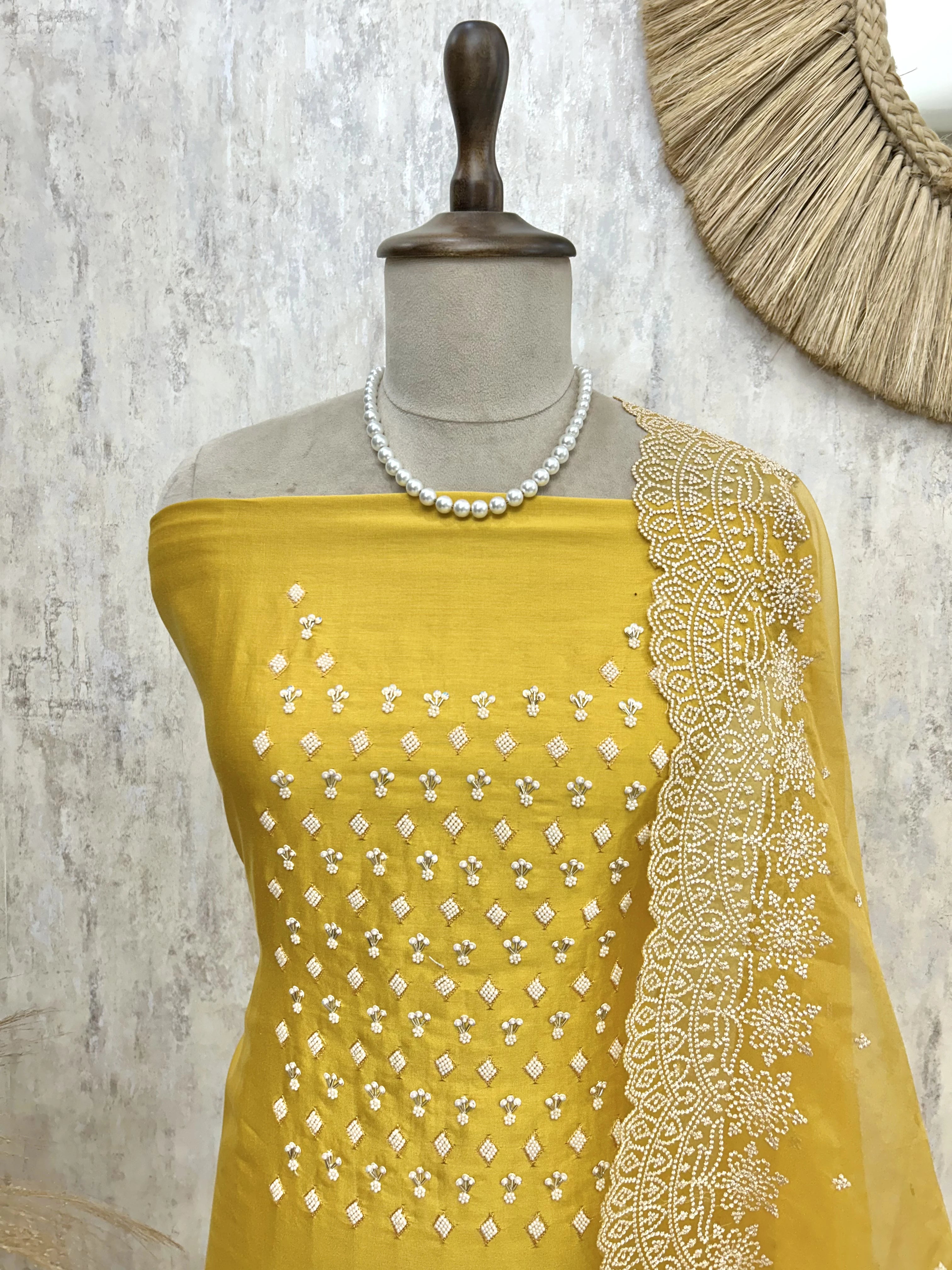 Chanderi Unstitched Suit Set With Pearl Work