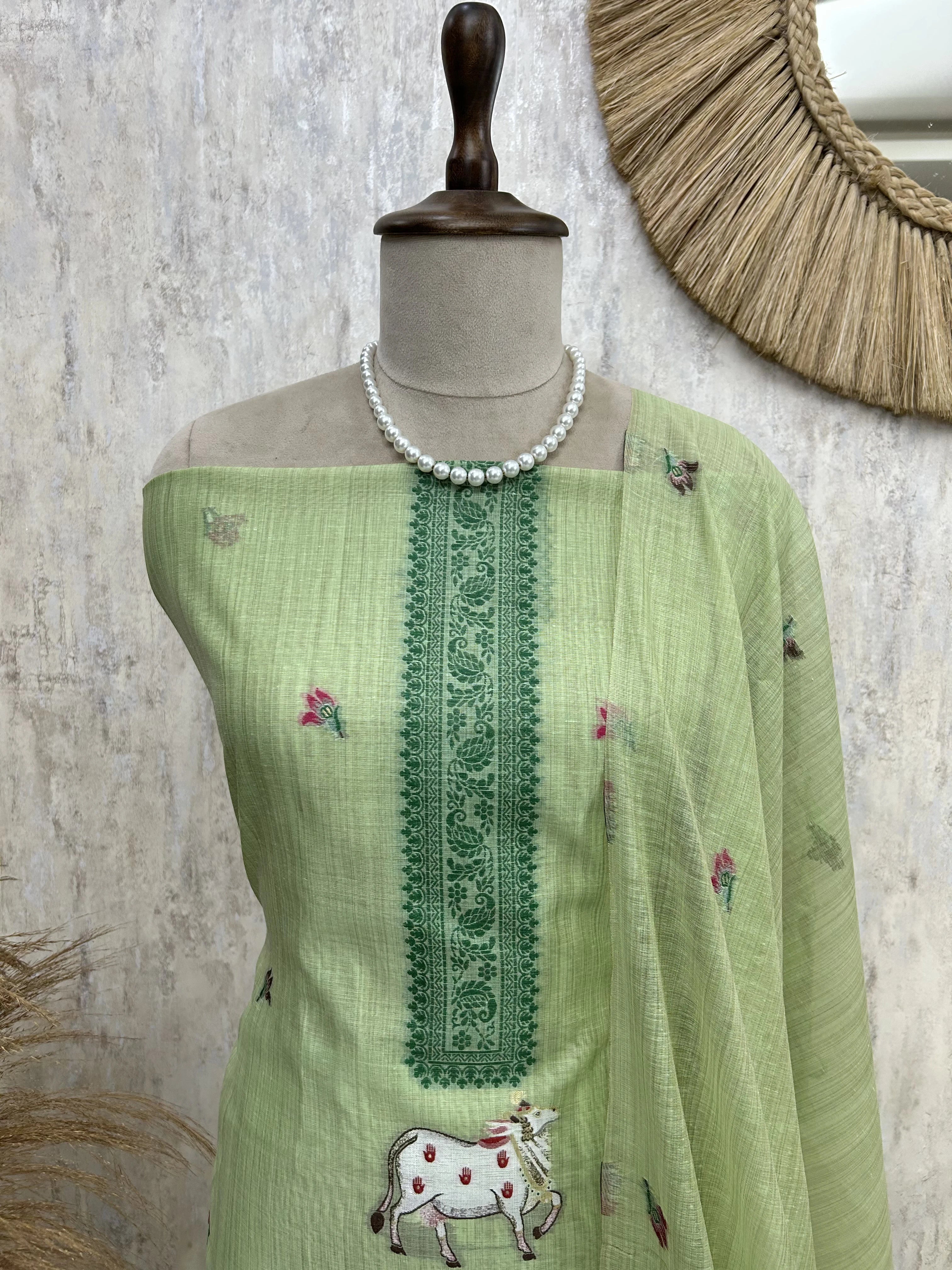 Jamdani Linen Unstitched Suit Set With Cow Motif
