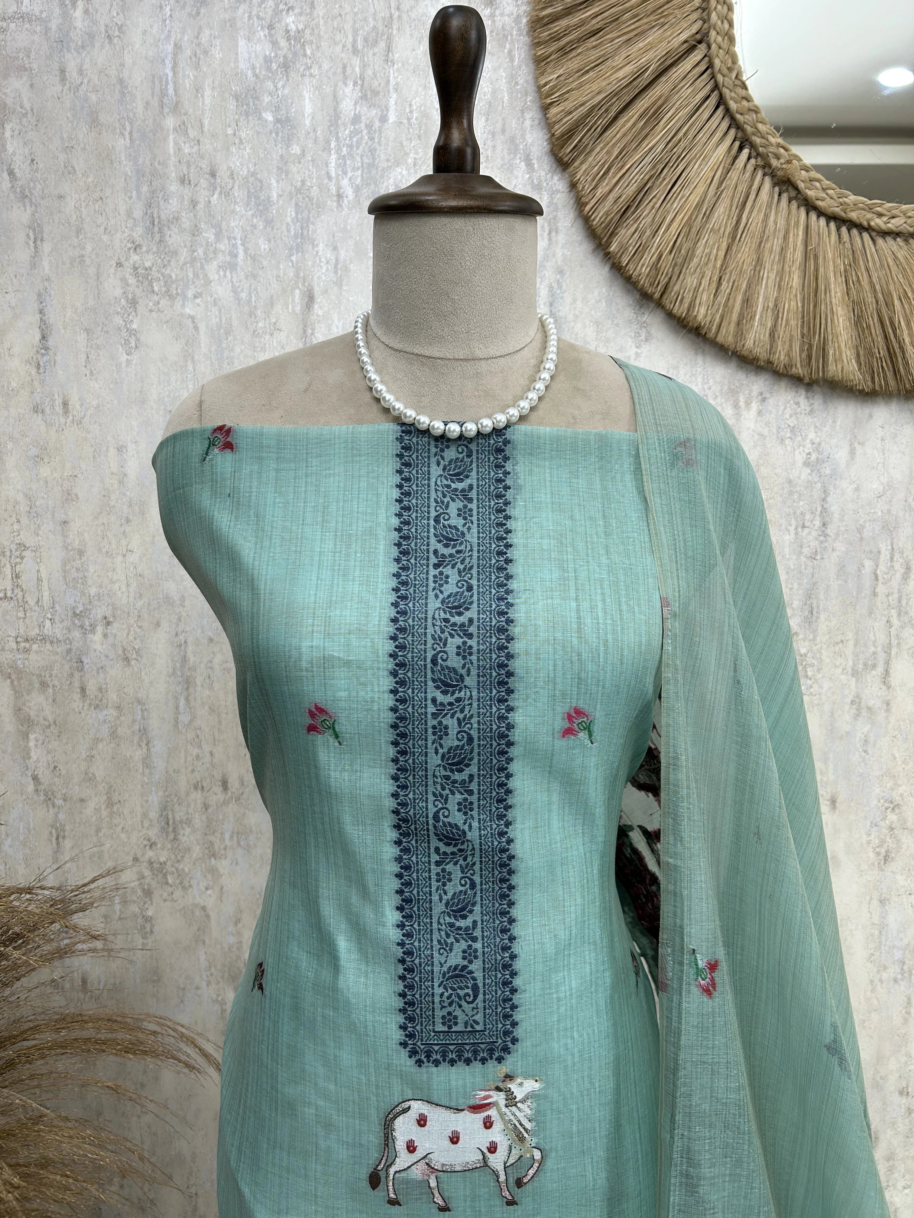 Jamdani Linen Unstitched Suit Set With Cow Motif