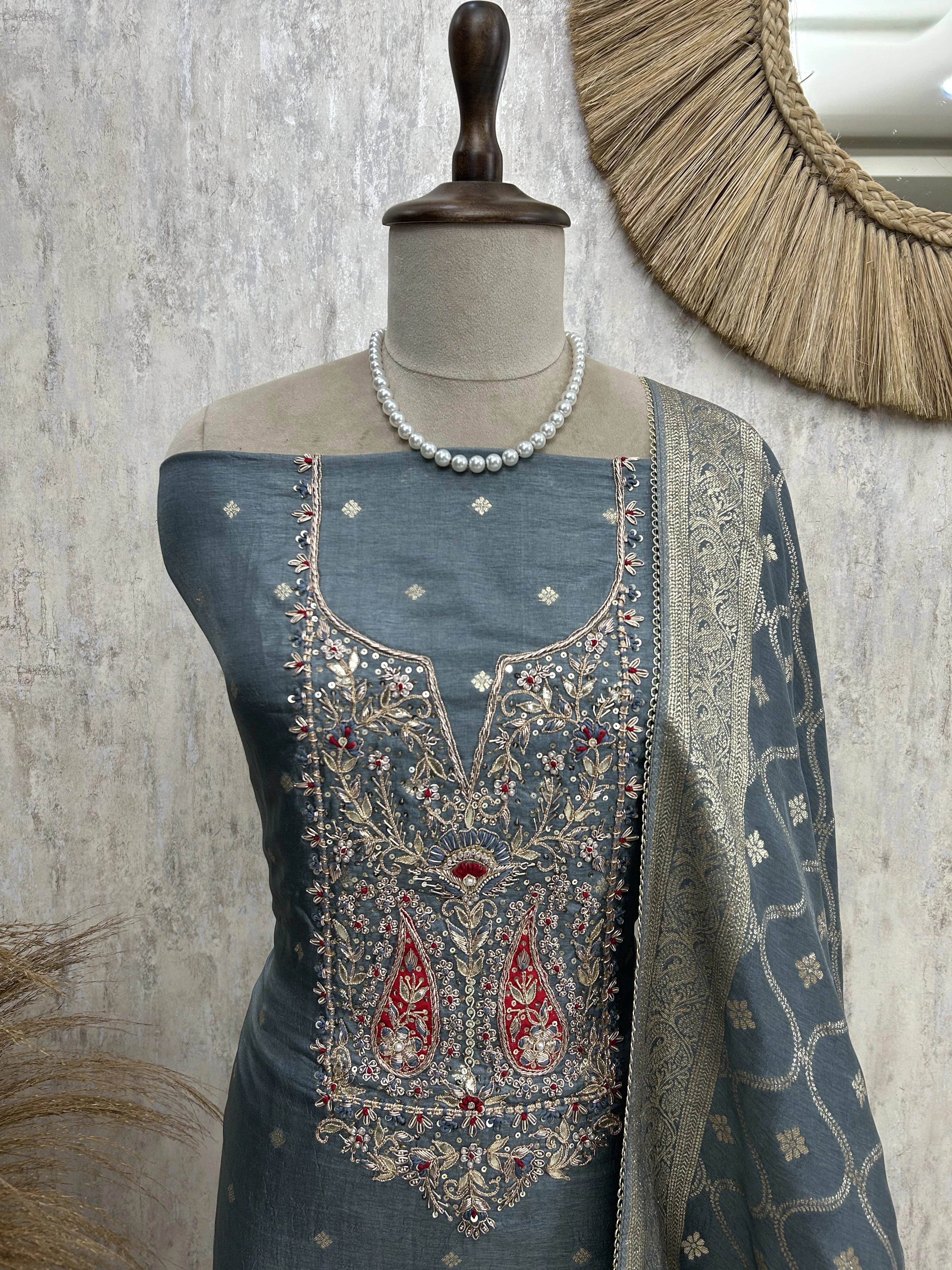 Dola Silk Unstitched Suit Set With Banarasi Work