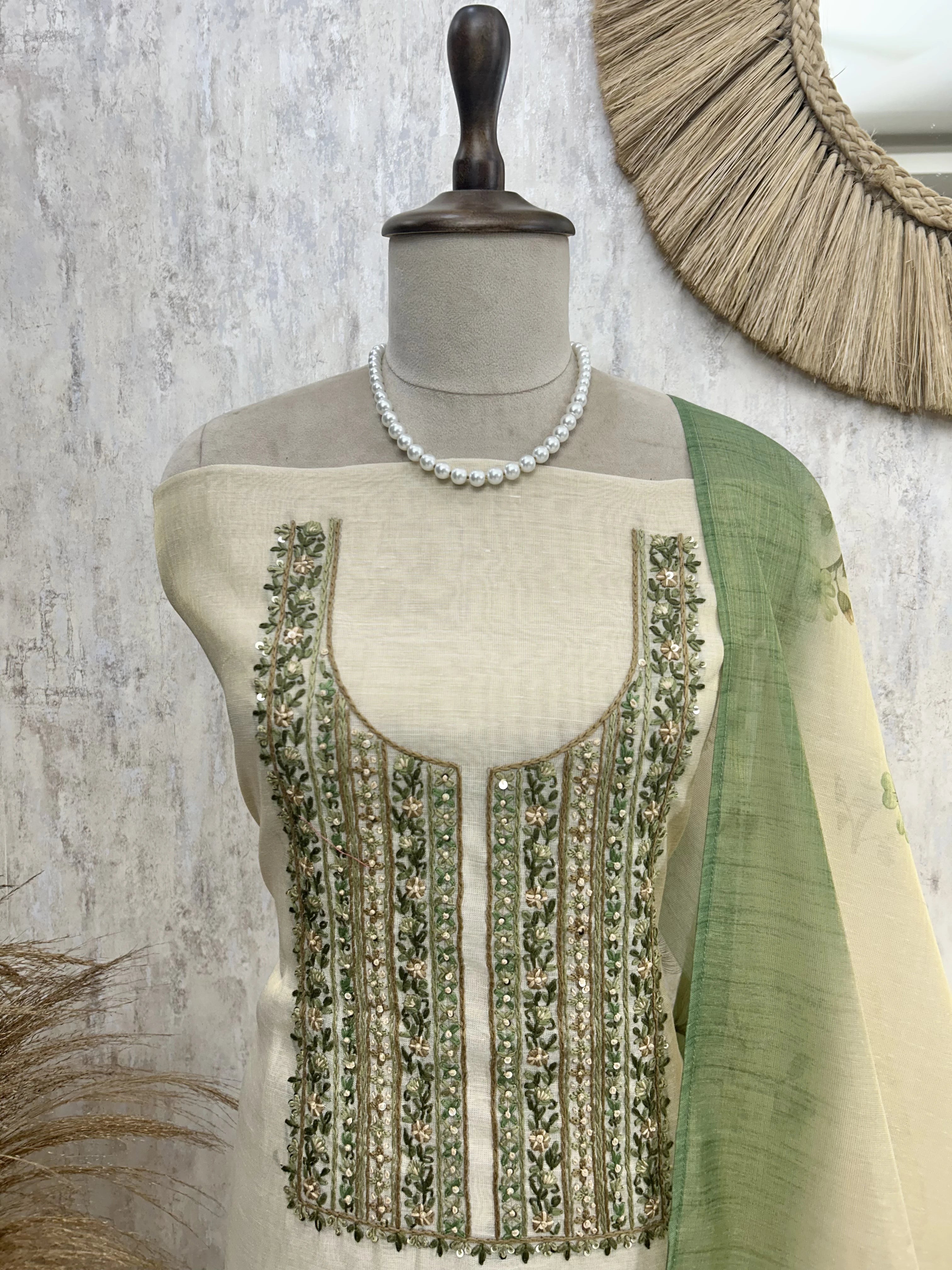 Printed Jamdani Linen Unstitched Suit Set With French Knot Work