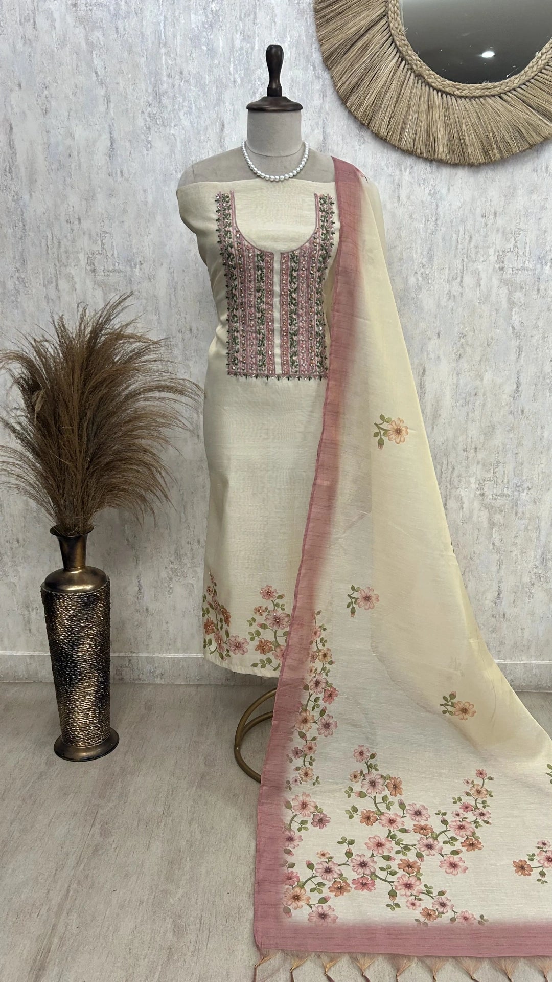 Printed Jamdani Linen Unstitched Suit Set With French Knot Work
