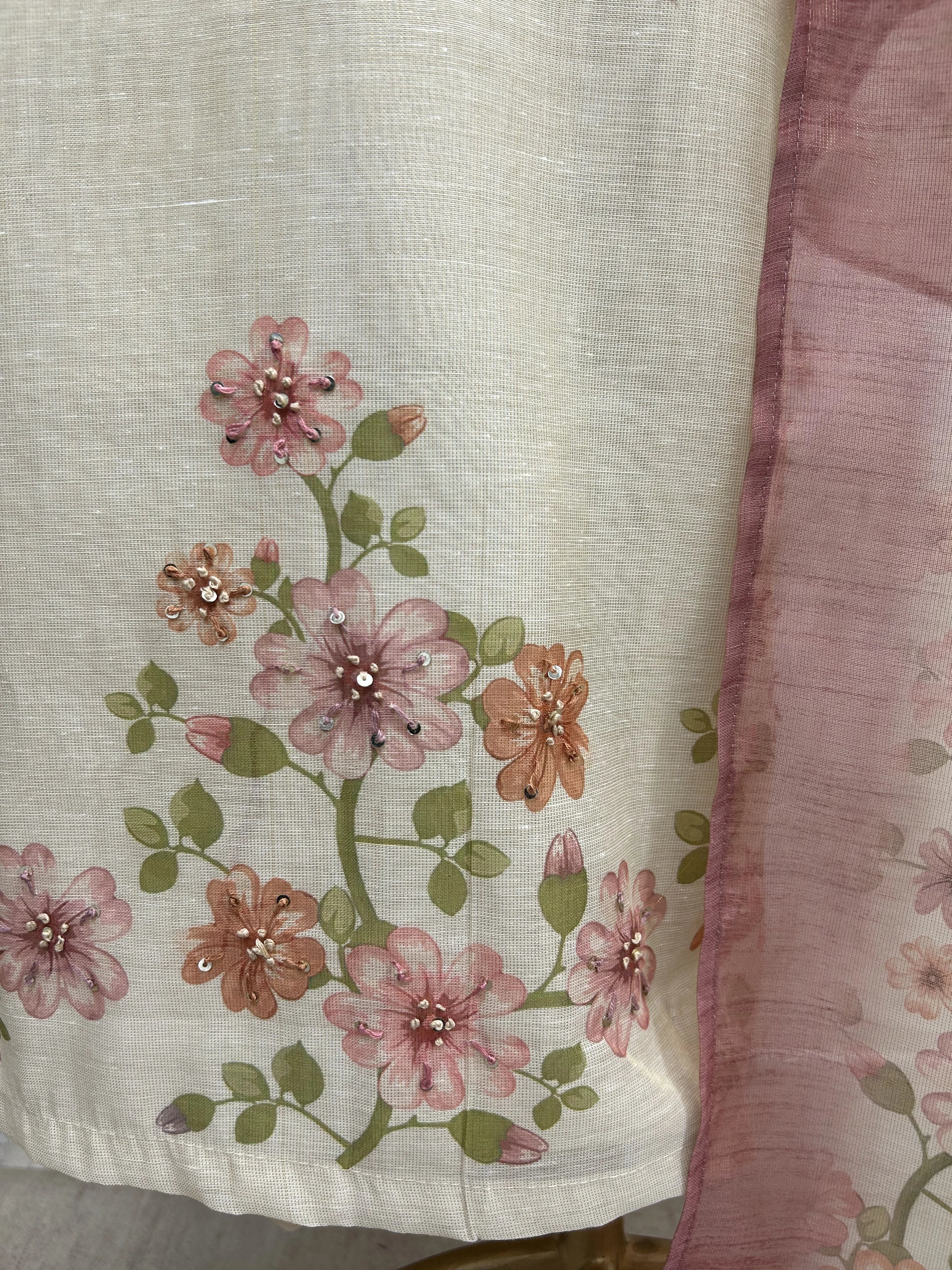 Printed Jamdani Linen Unstitched Suit Set With French Knot Work