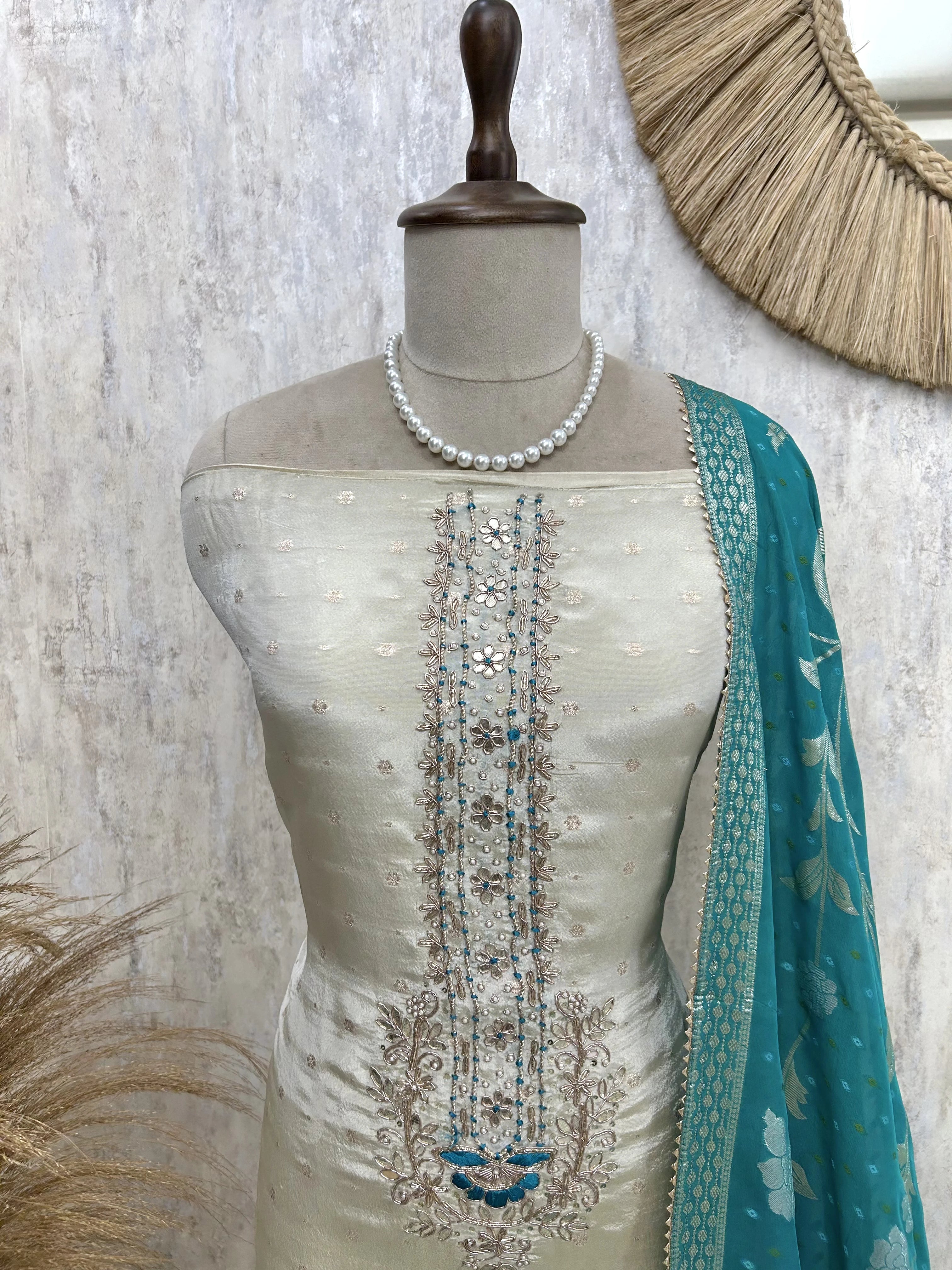 Tissue Silk Unstitched Suit Set With Hand Work
