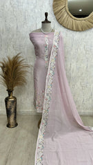 Tissue Linen Unstitched Suit Set With Thread Work