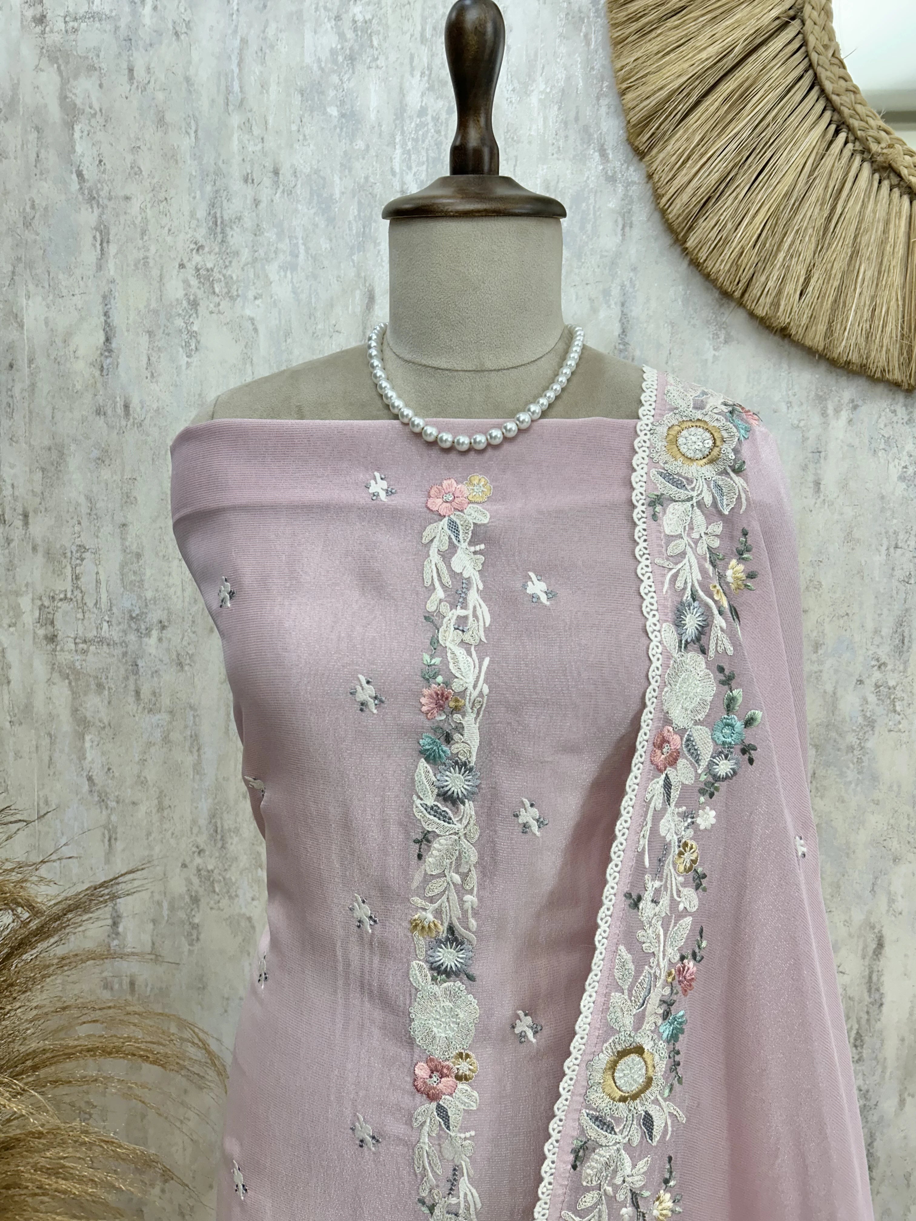 Tissue Linen Unstitched Suit Set With Thread Work