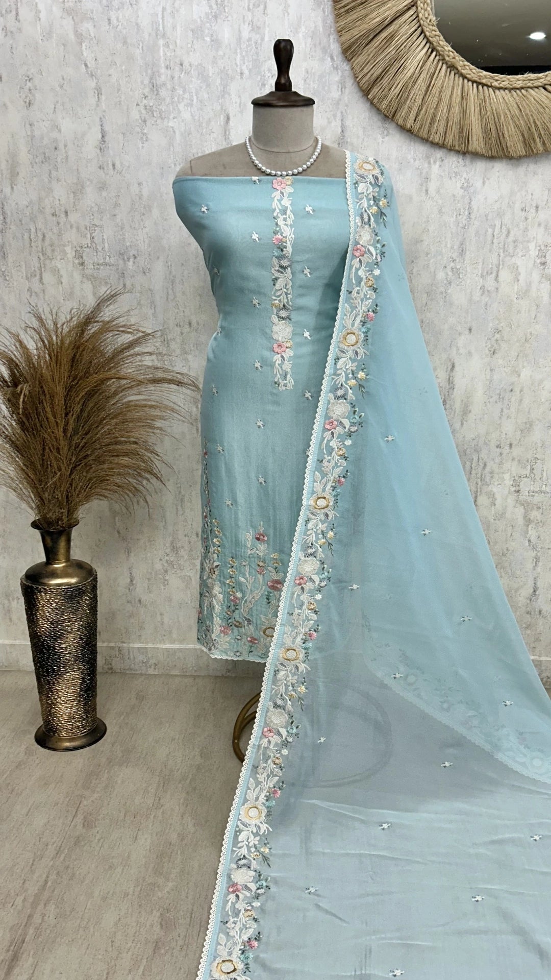 Tissue Linen Unstitched Suit Set With Thread Work