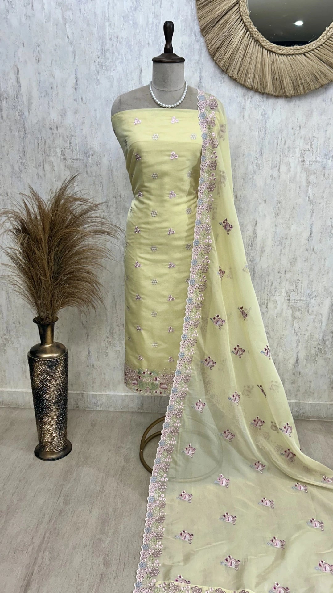 Organza Unstitched Suit Set With Thread Work Flamingo Motif