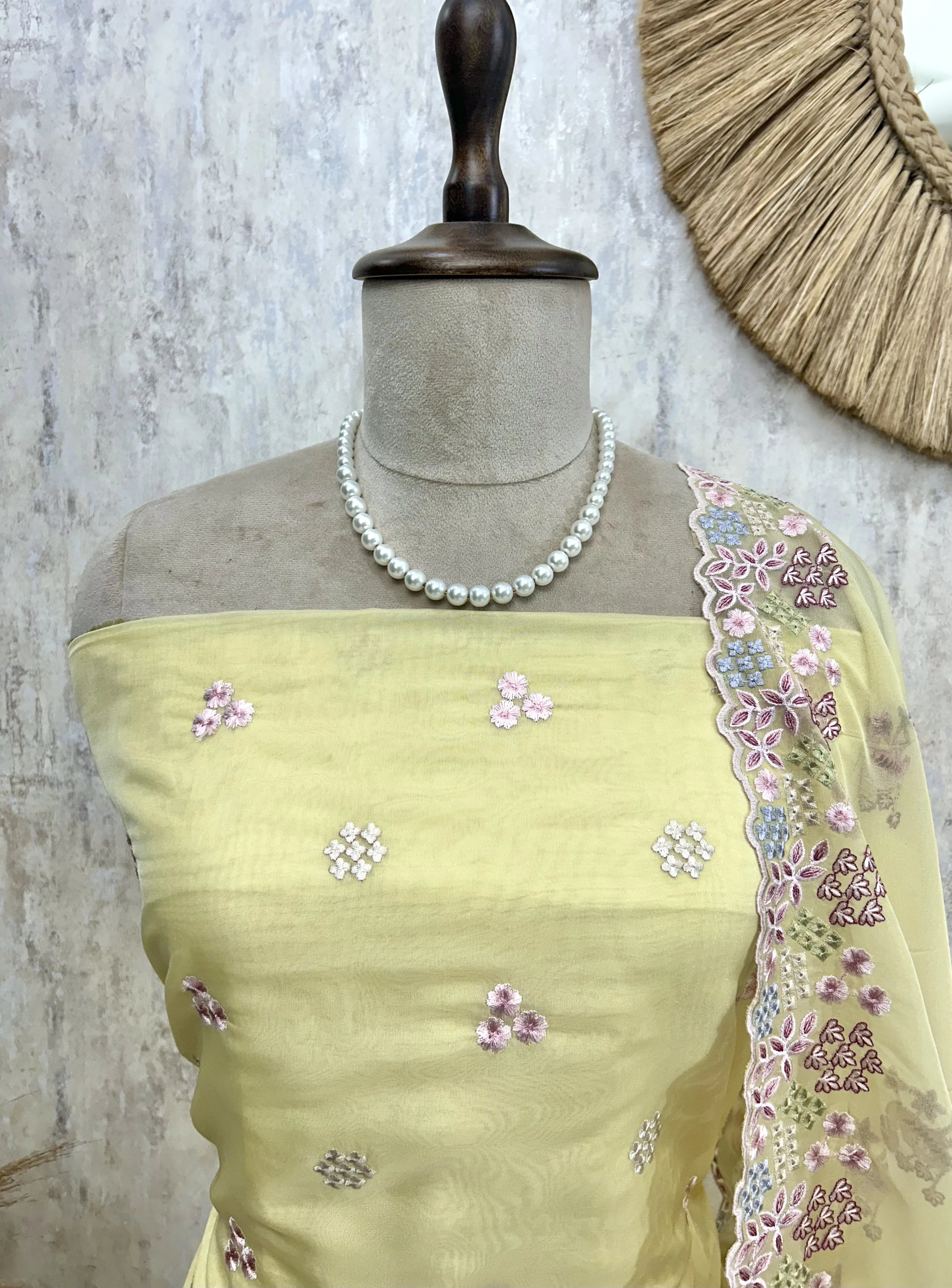 Organza Unstitched Suit Set With Thread Work Flamingo Motif