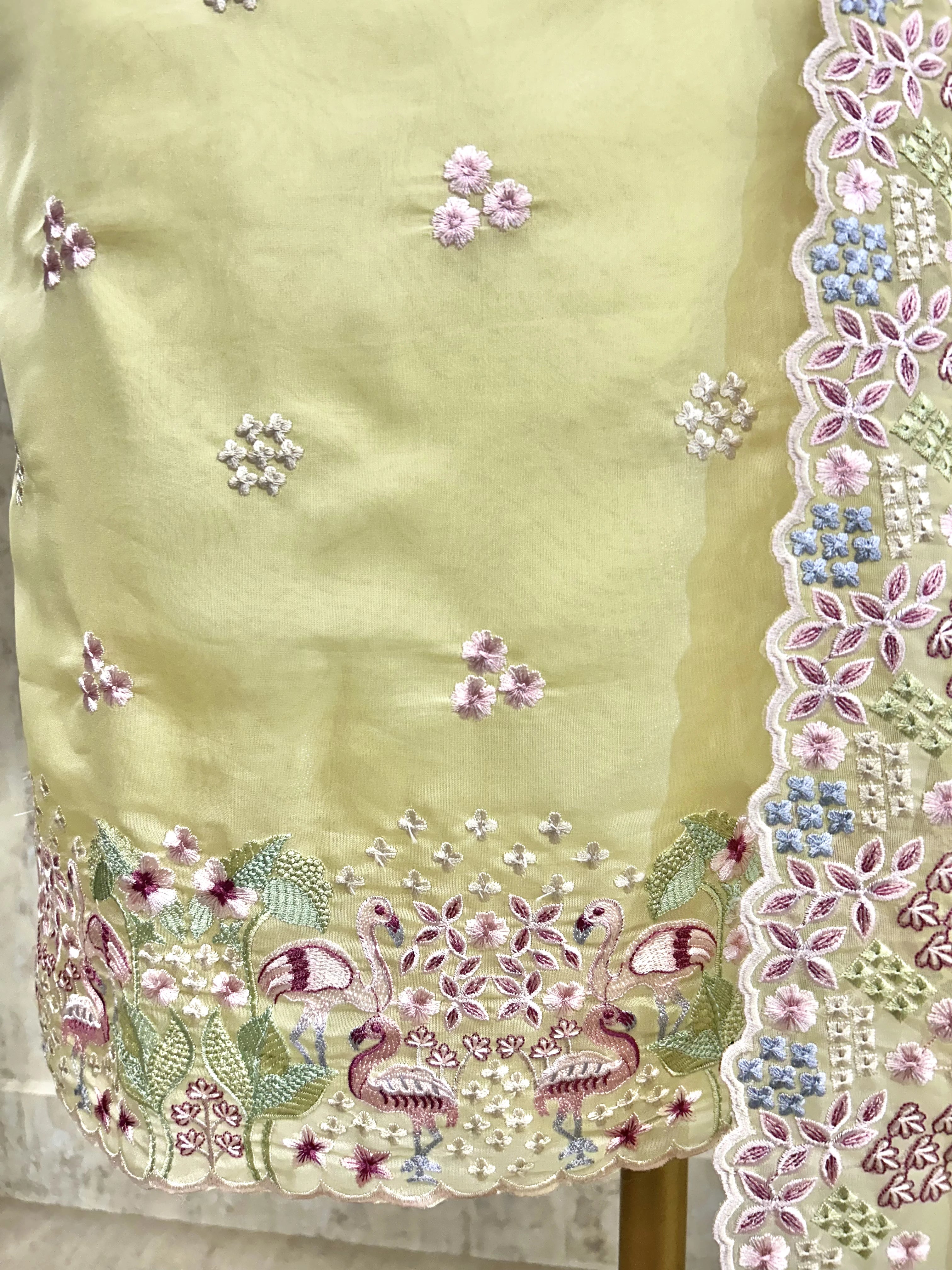 Organza Unstitched Suit Set With Thread Work Flamingo Motif