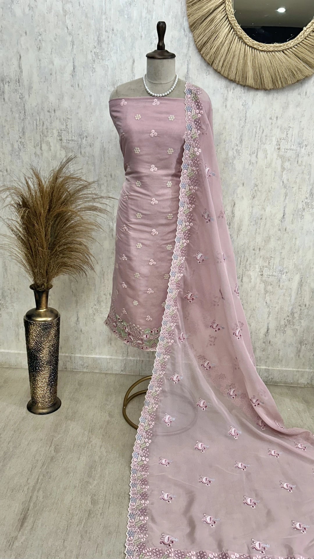 Organza Unstitched Suit Set With Thread Work Flamingo Motif