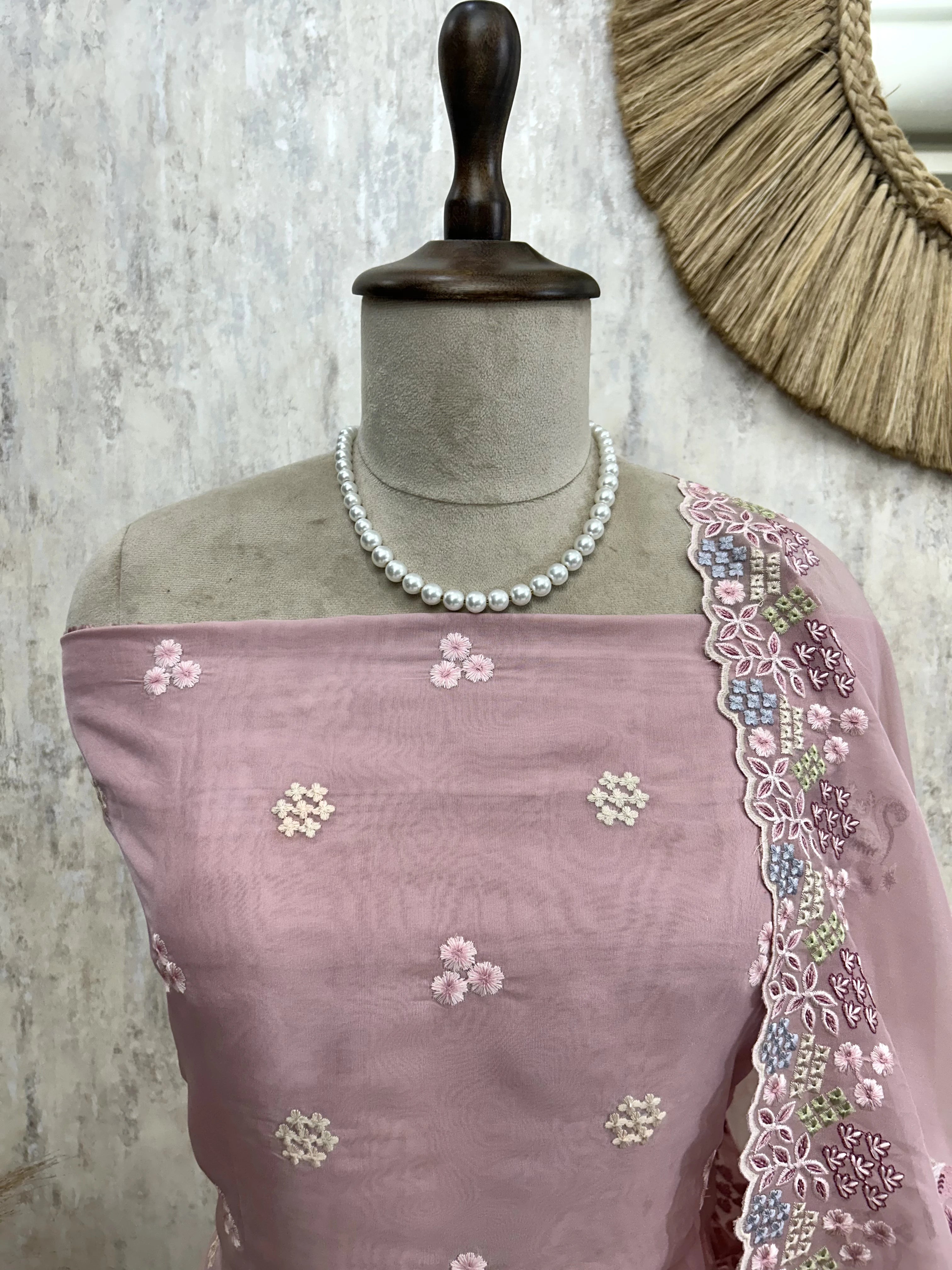 Organza Unstitched Suit Set With Thread Work Flamingo Motif