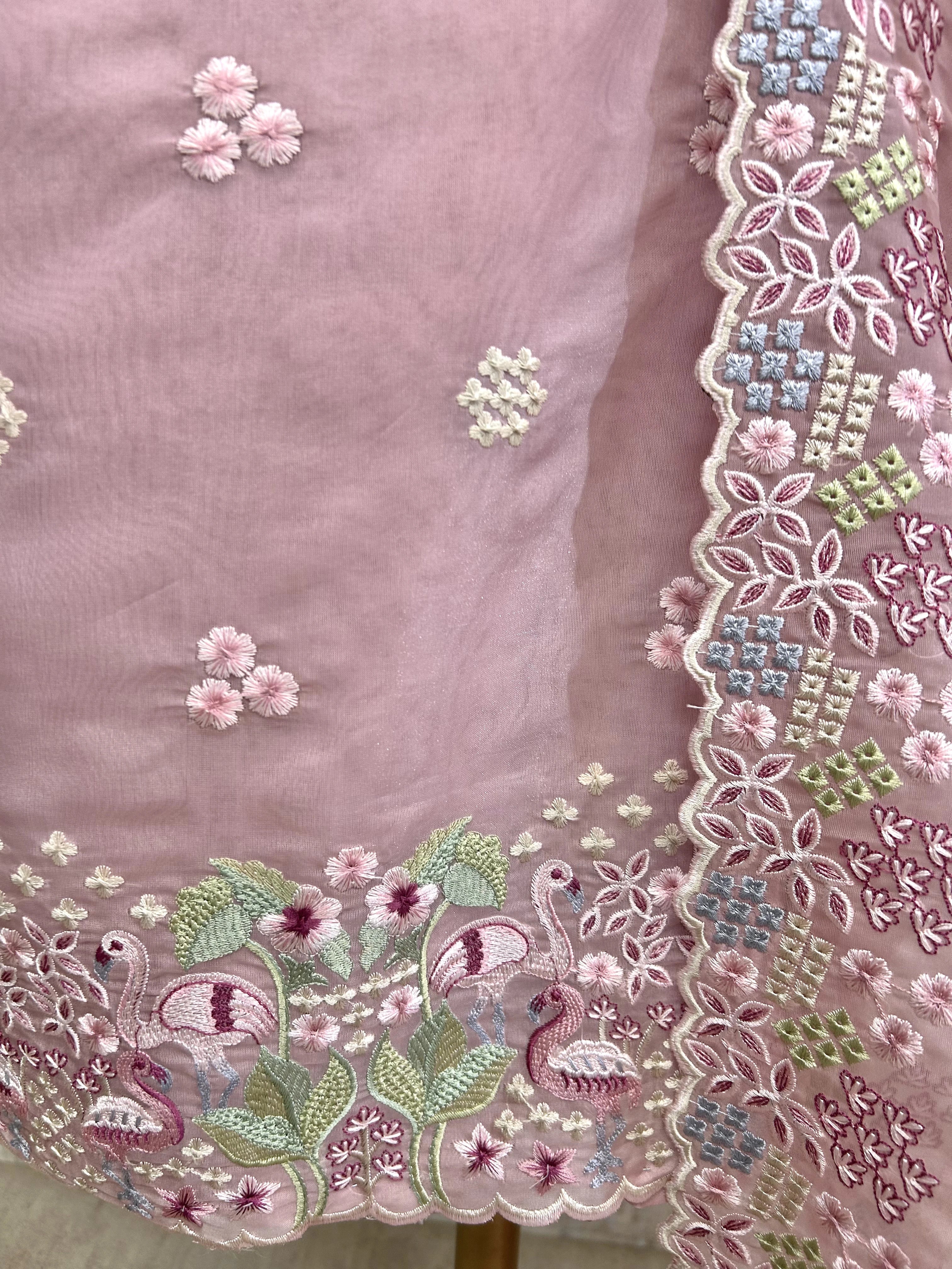 Organza Unstitched Suit Set With Thread Work Flamingo Motif