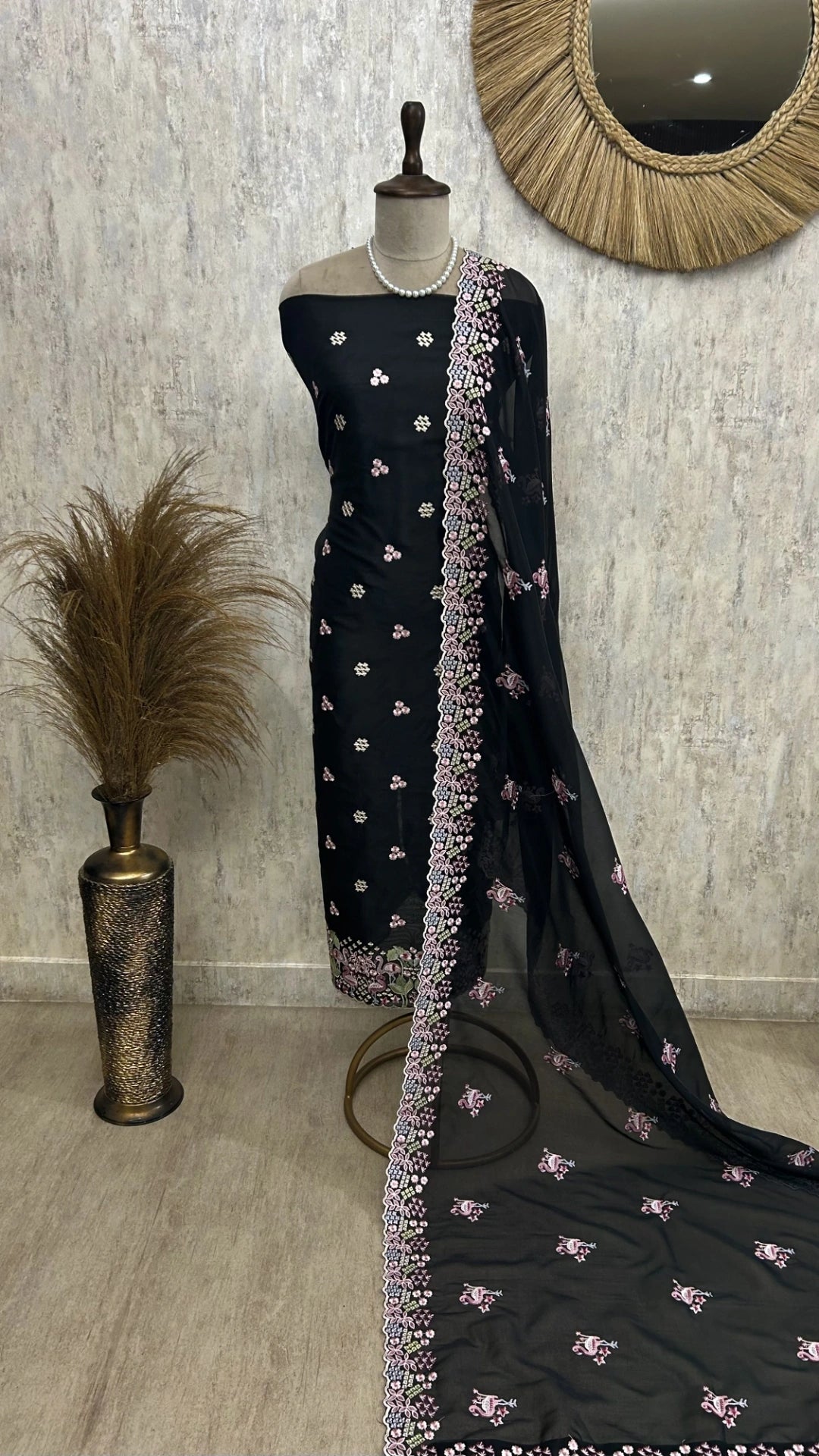Organza Unstitched Suit Set With Thread Work Flamingo Motif