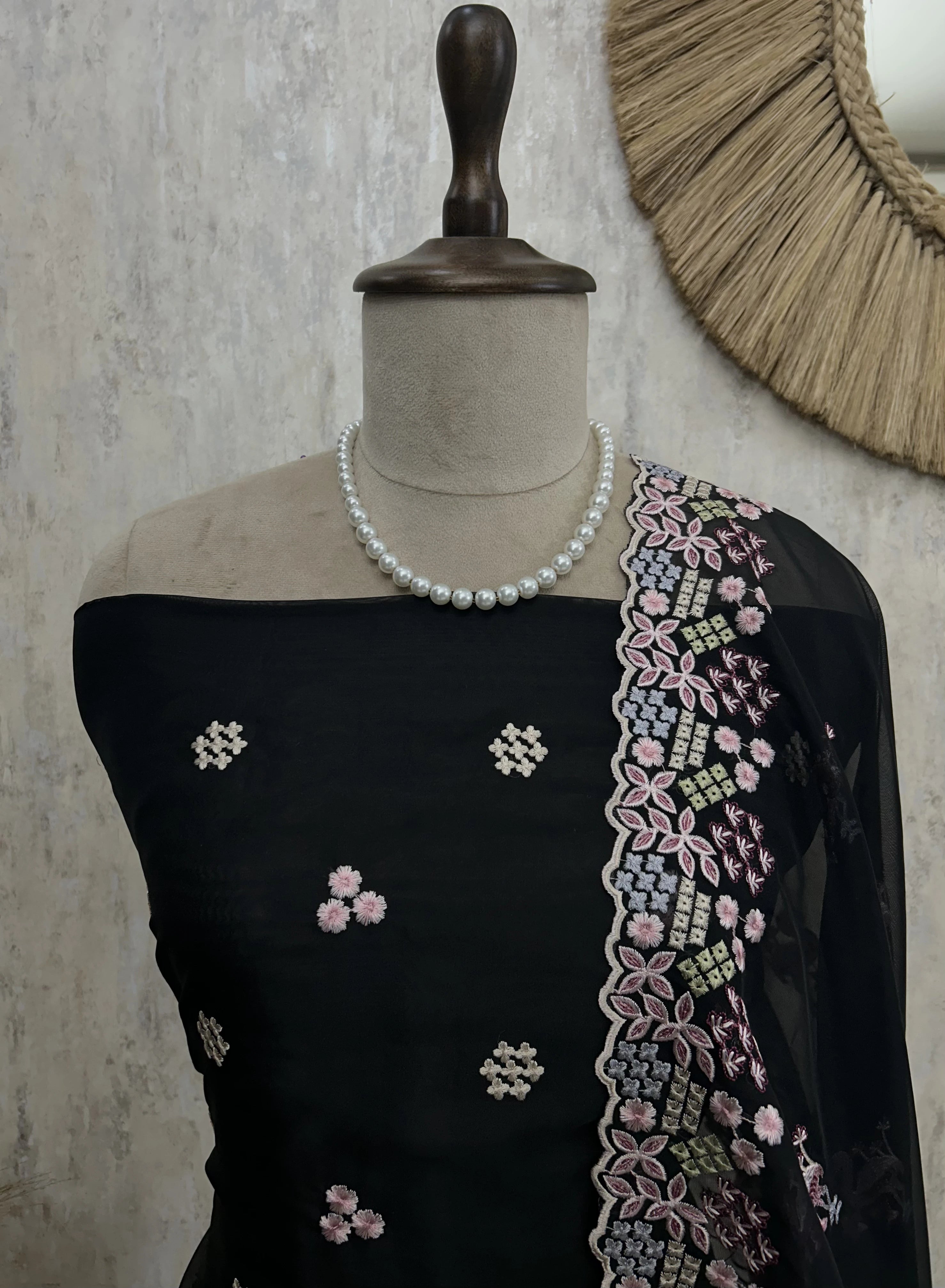 Organza Unstitched Suit Set With Thread Work Flamingo Motif