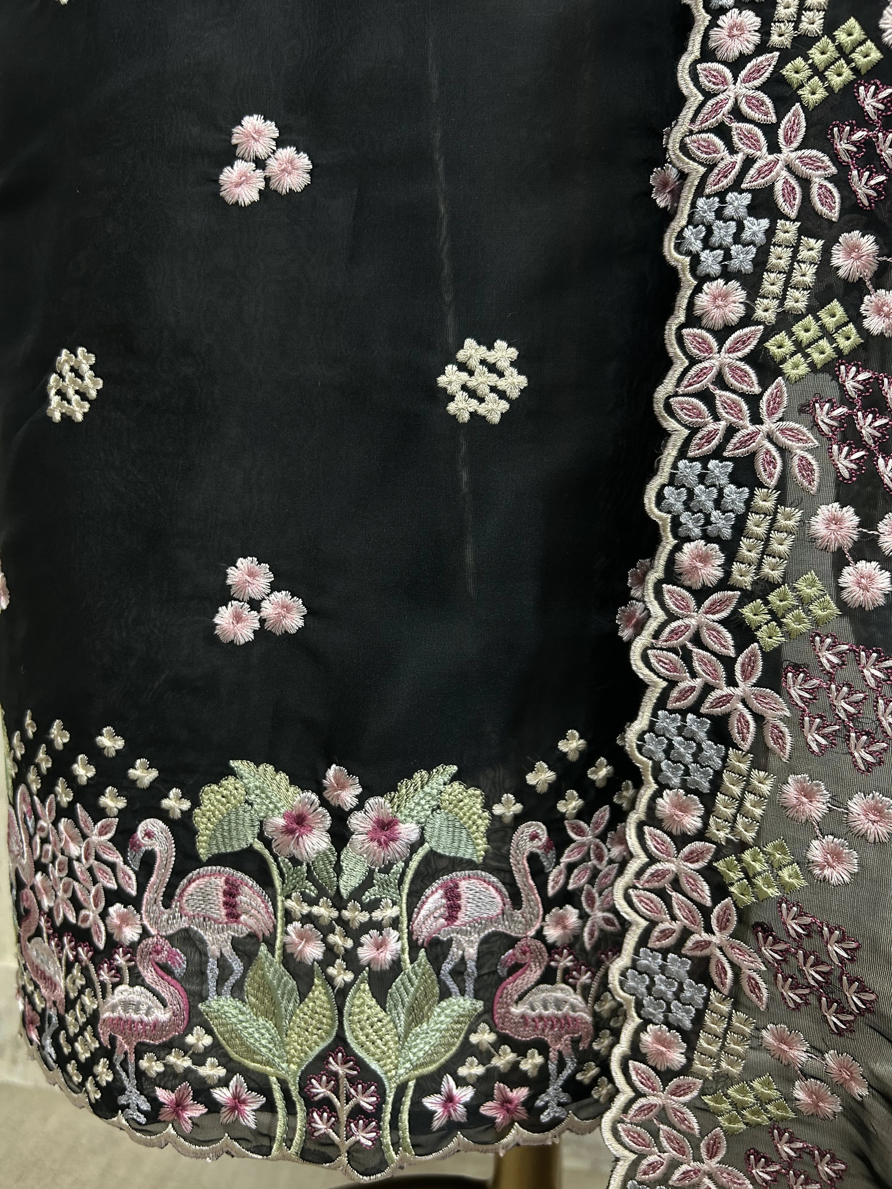 Organza Unstitched Suit Set With Thread Work Flamingo Motif