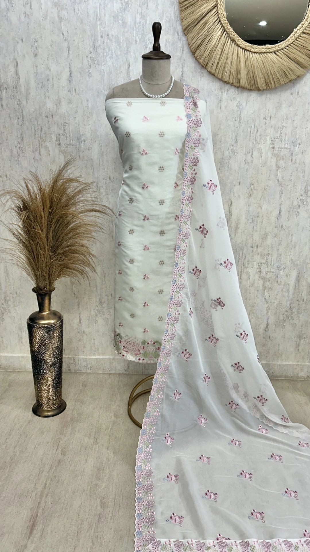 Organza Unstitched Suit Set With Thread Work Flamingo Motif