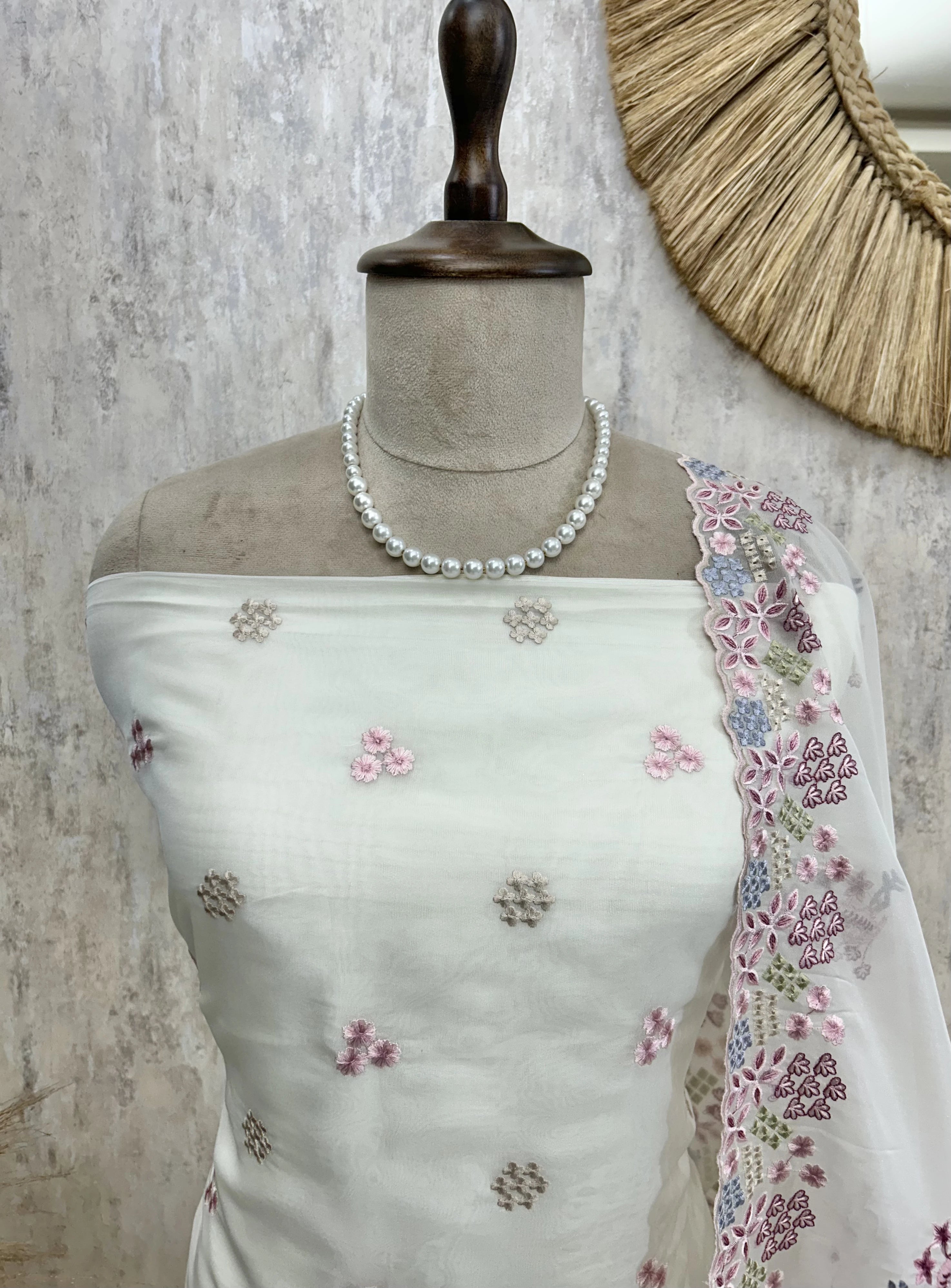 Organza Unstitched Suit Set With Thread Work Flamingo Motif