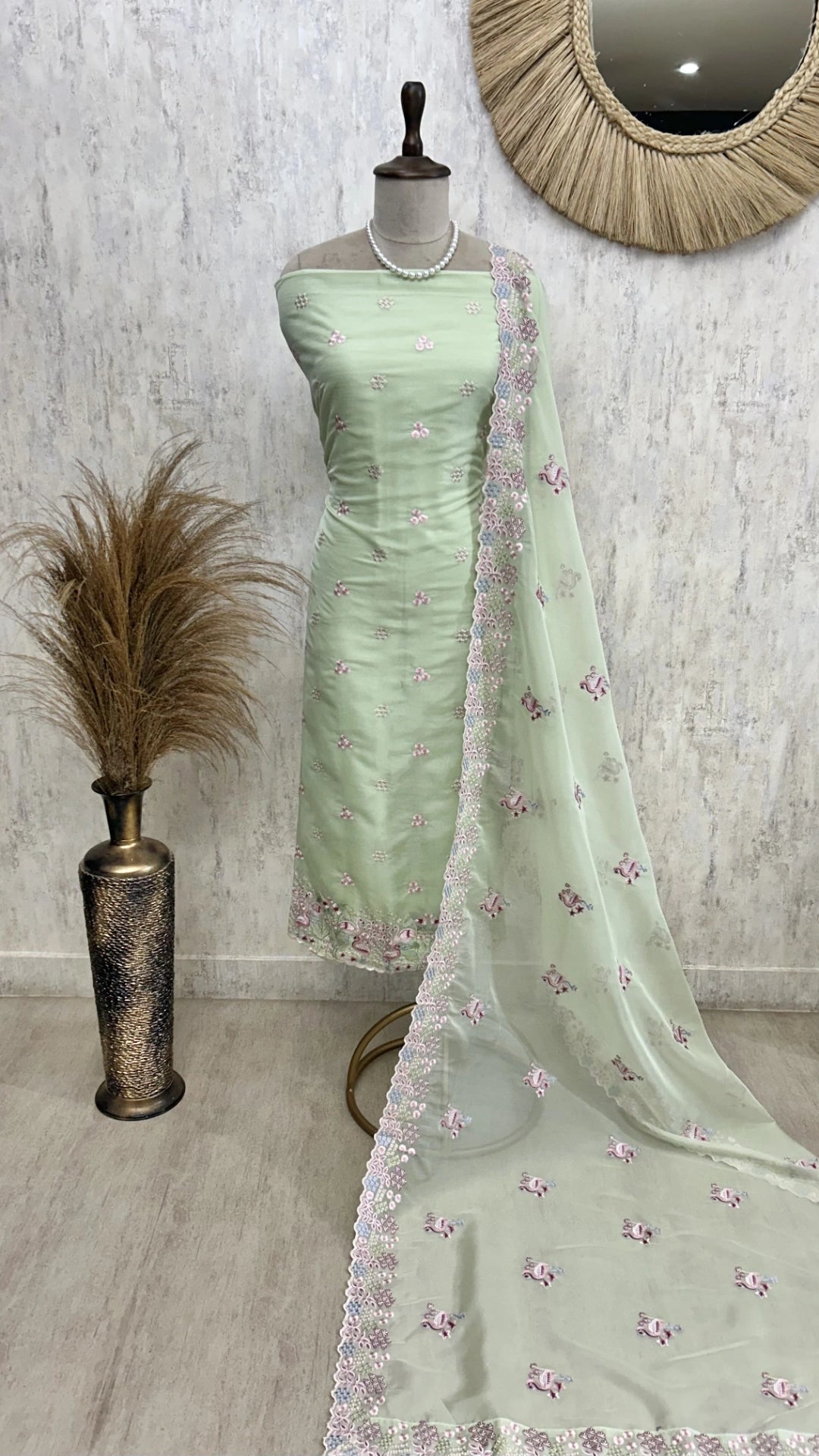 Organza Unstitched Suit Set With Thread Work Flamingo Motif