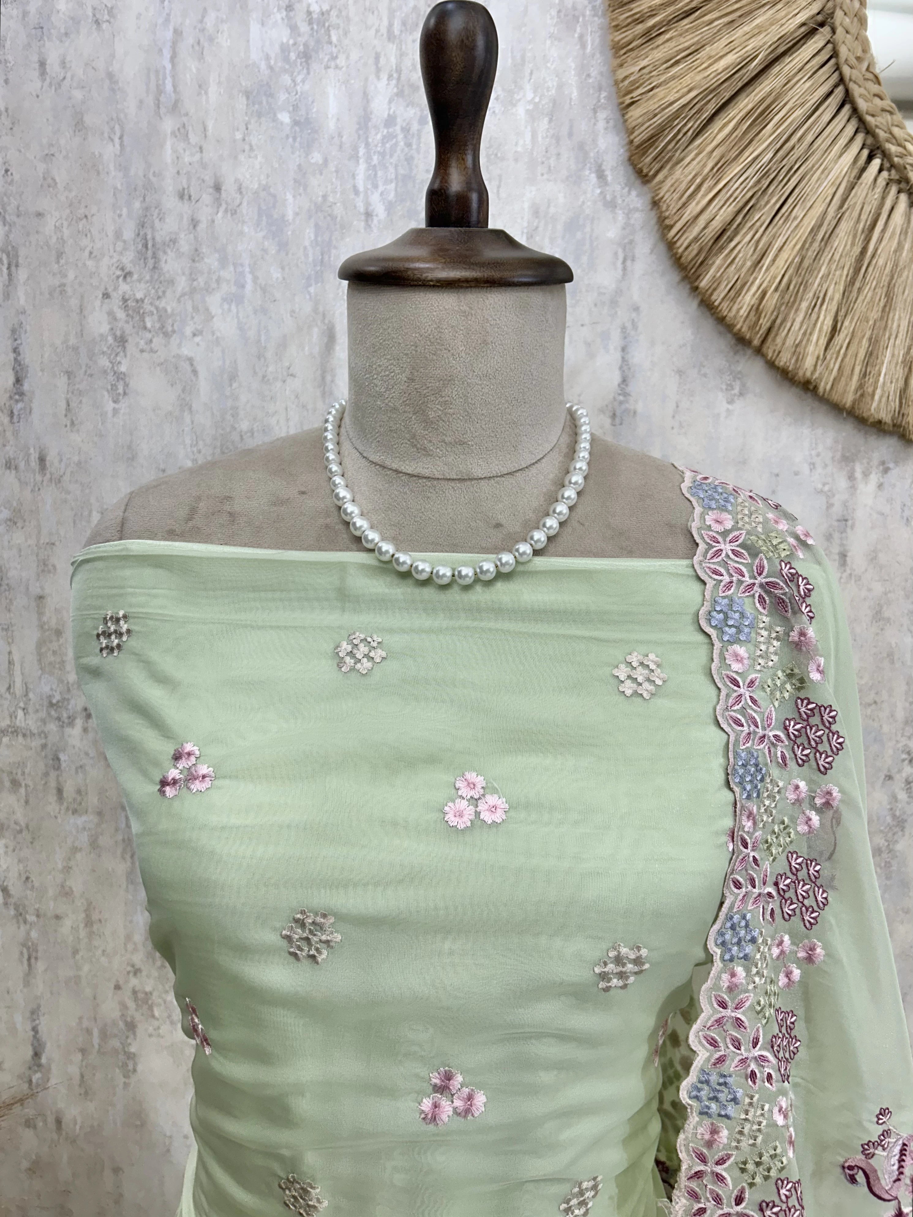 Organza Unstitched Suit Set With Thread Work Flamingo Motif