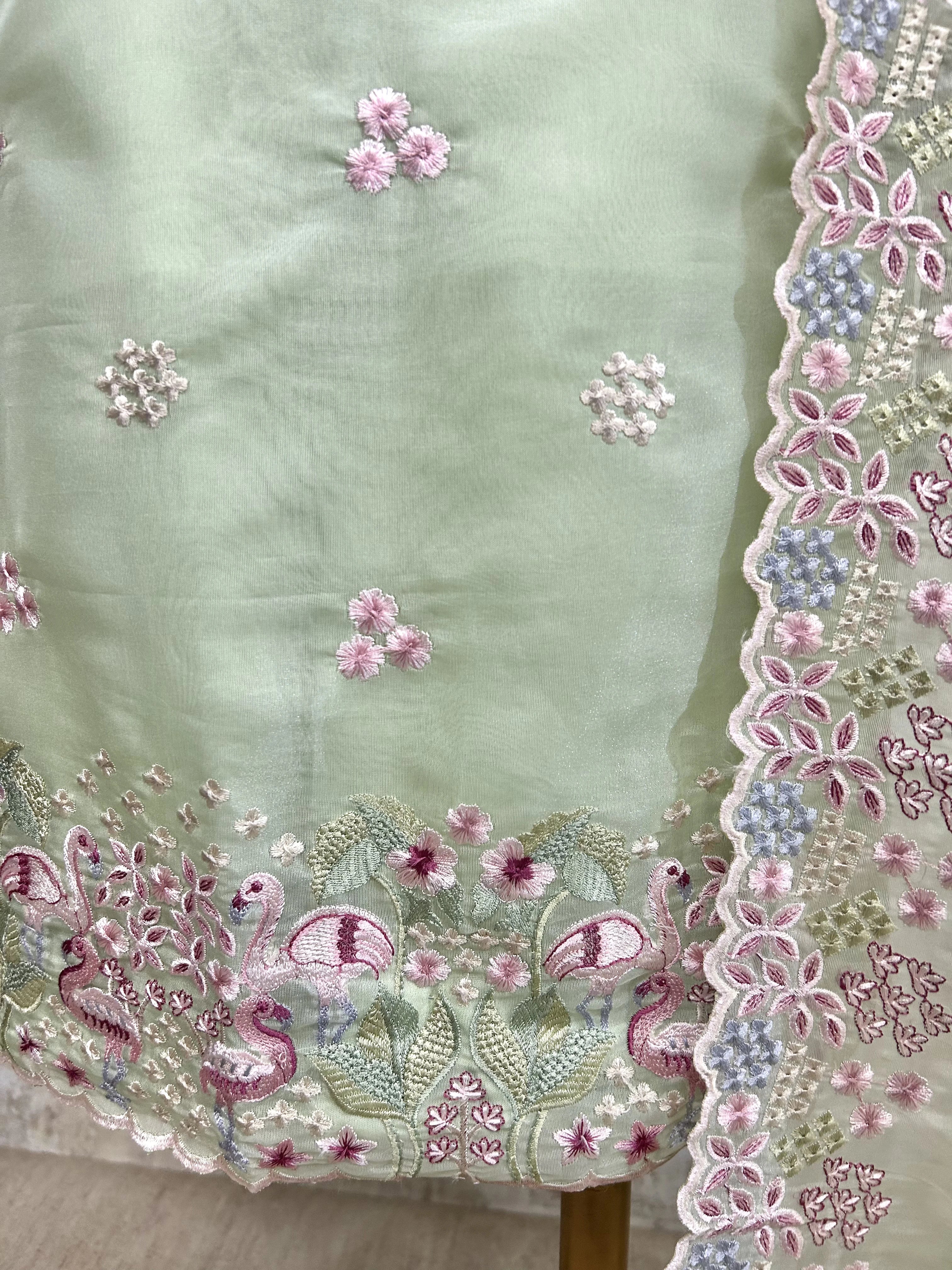 Organza Unstitched Suit Set With Thread Work Flamingo Motif