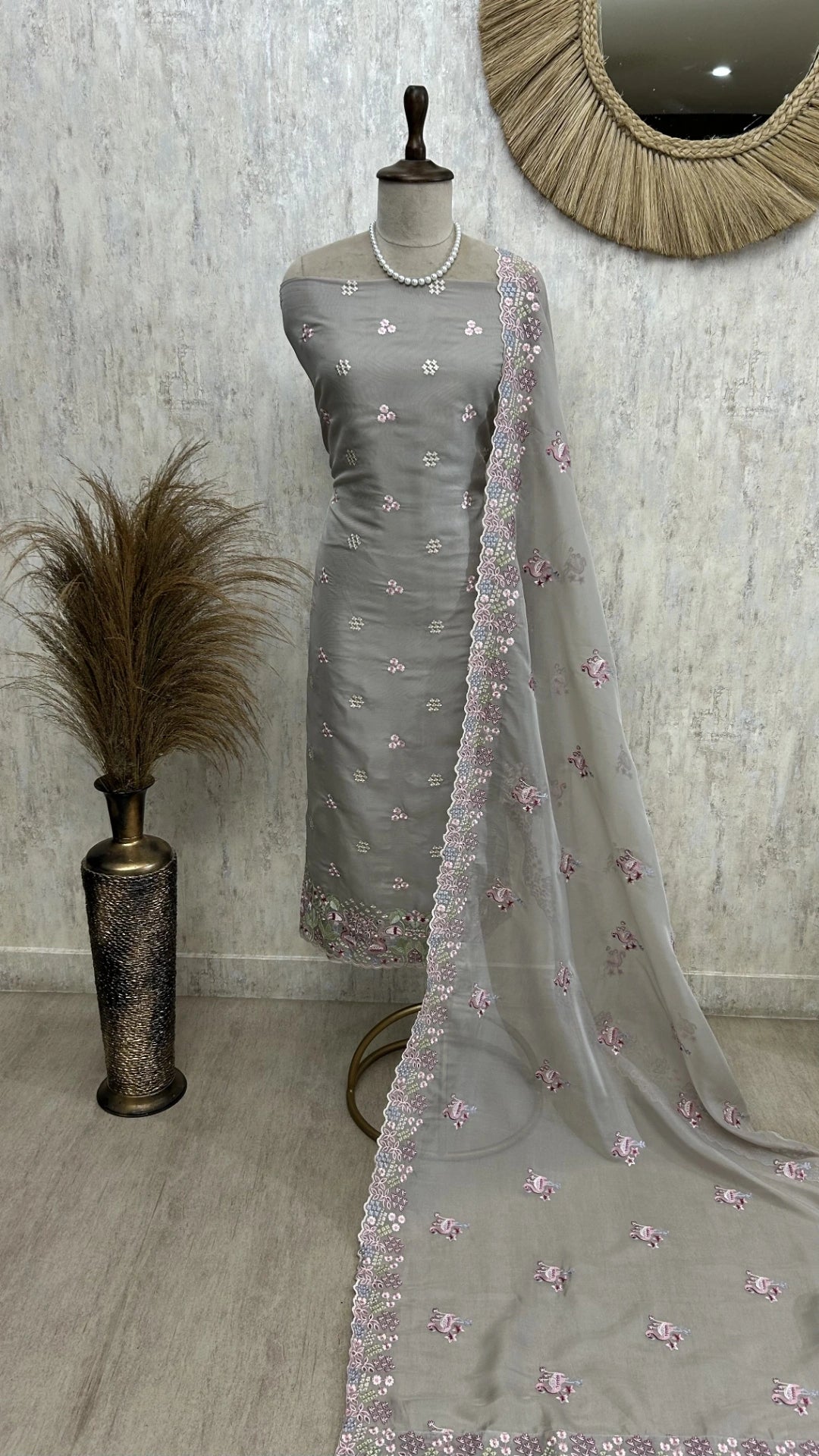 Organza Unstitched Suit Set With Thread Work Flamingo Motif