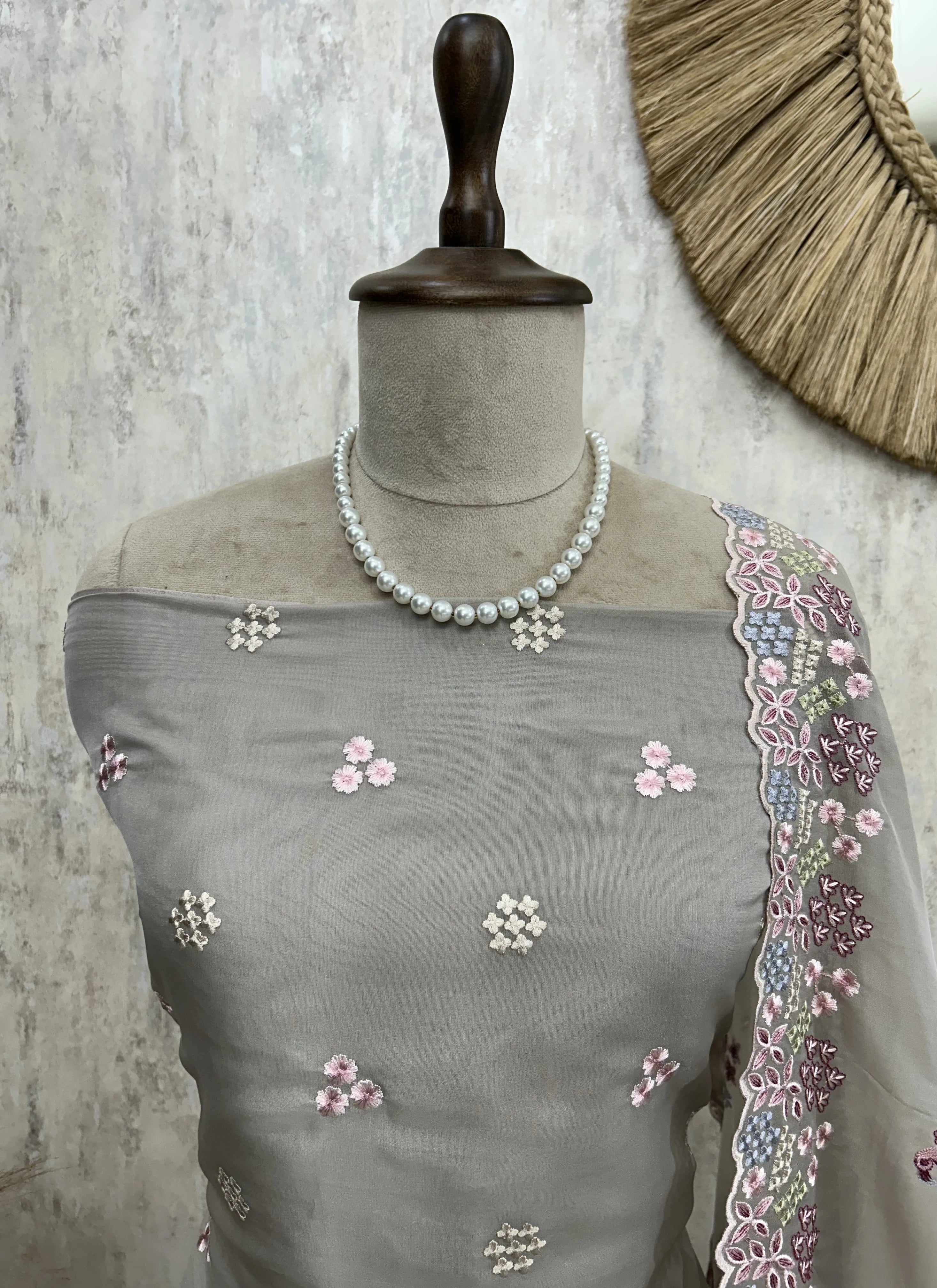 Organza Unstitched Suit Set With Thread Work Flamingo Motif