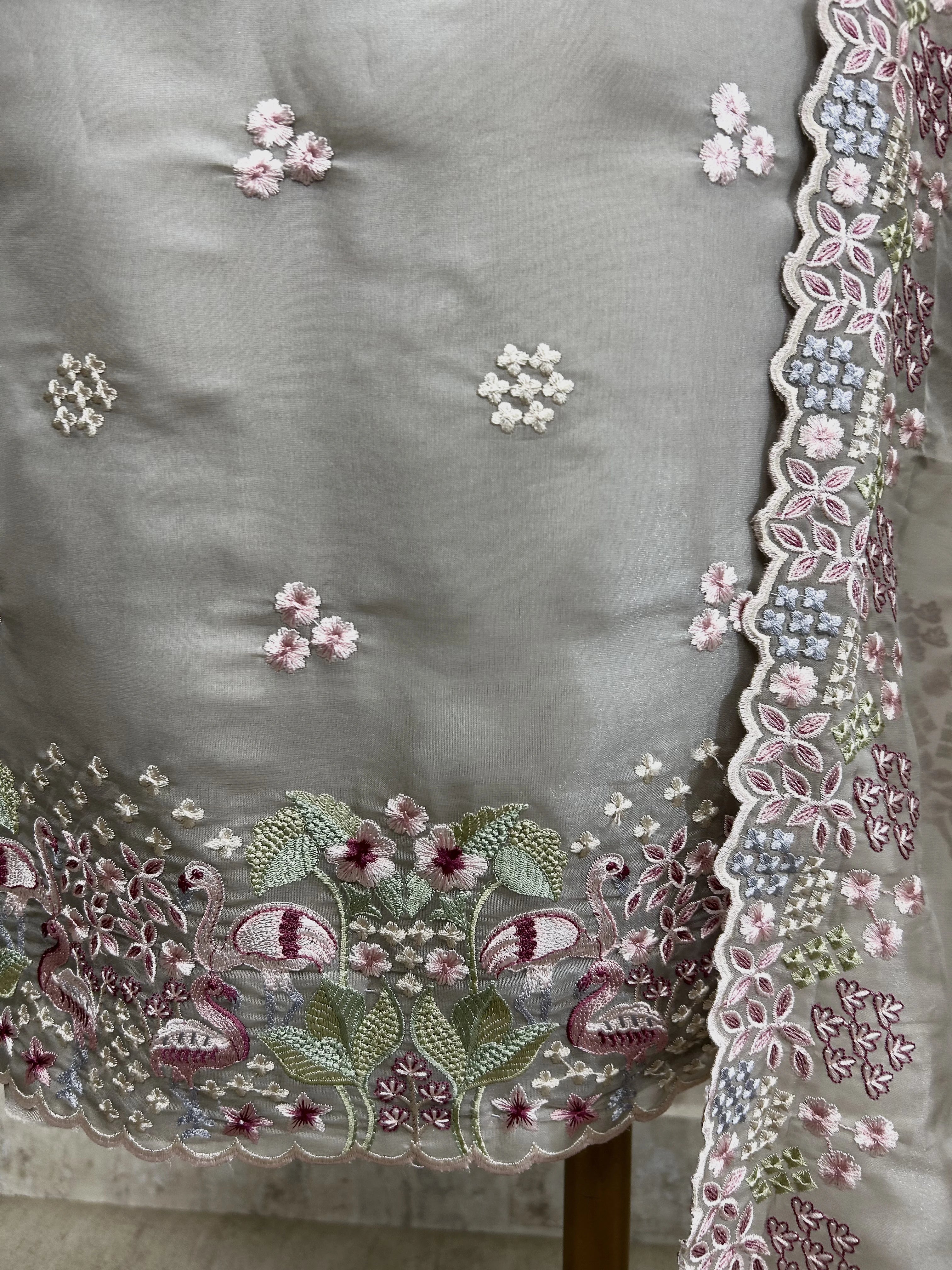 Organza Unstitched Suit Set With Thread Work Flamingo Motif