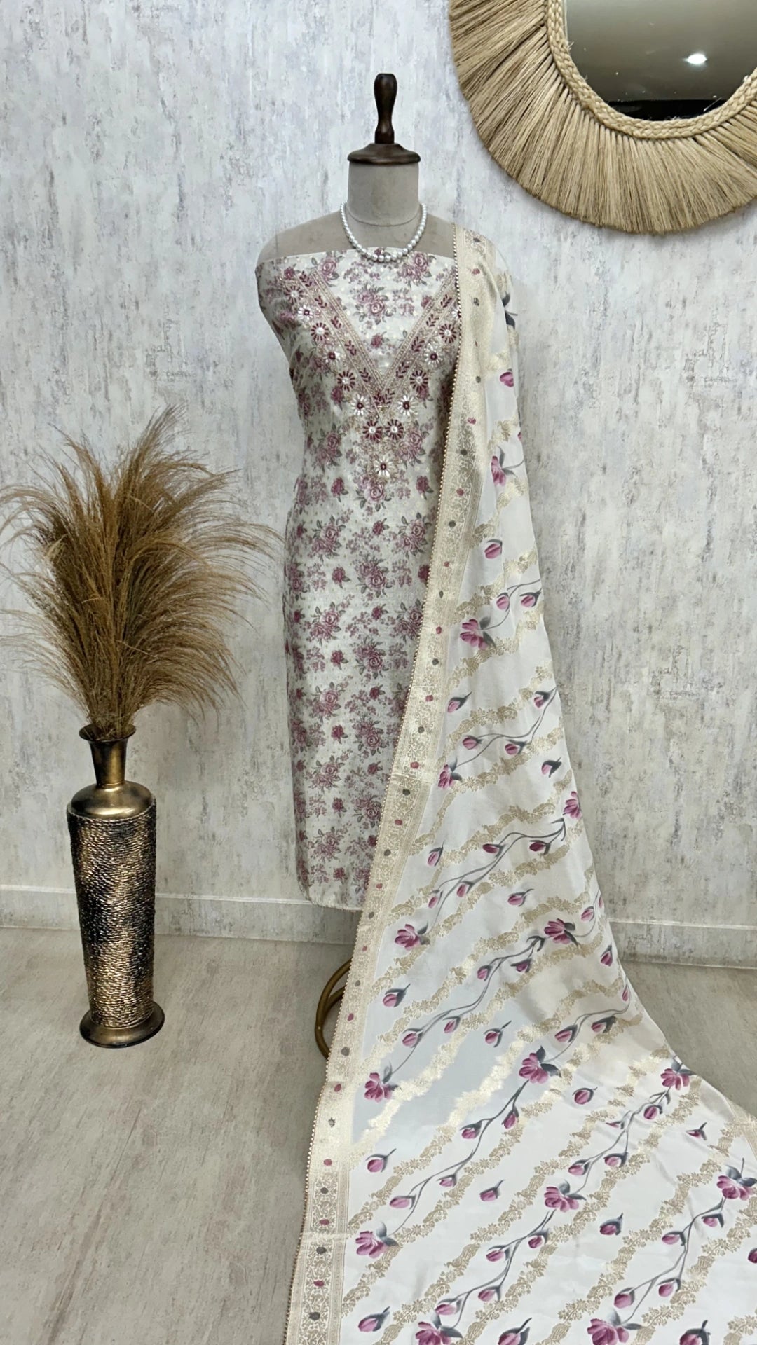 Pearl Work Neckline Maheshwari Unstitched Suit Set