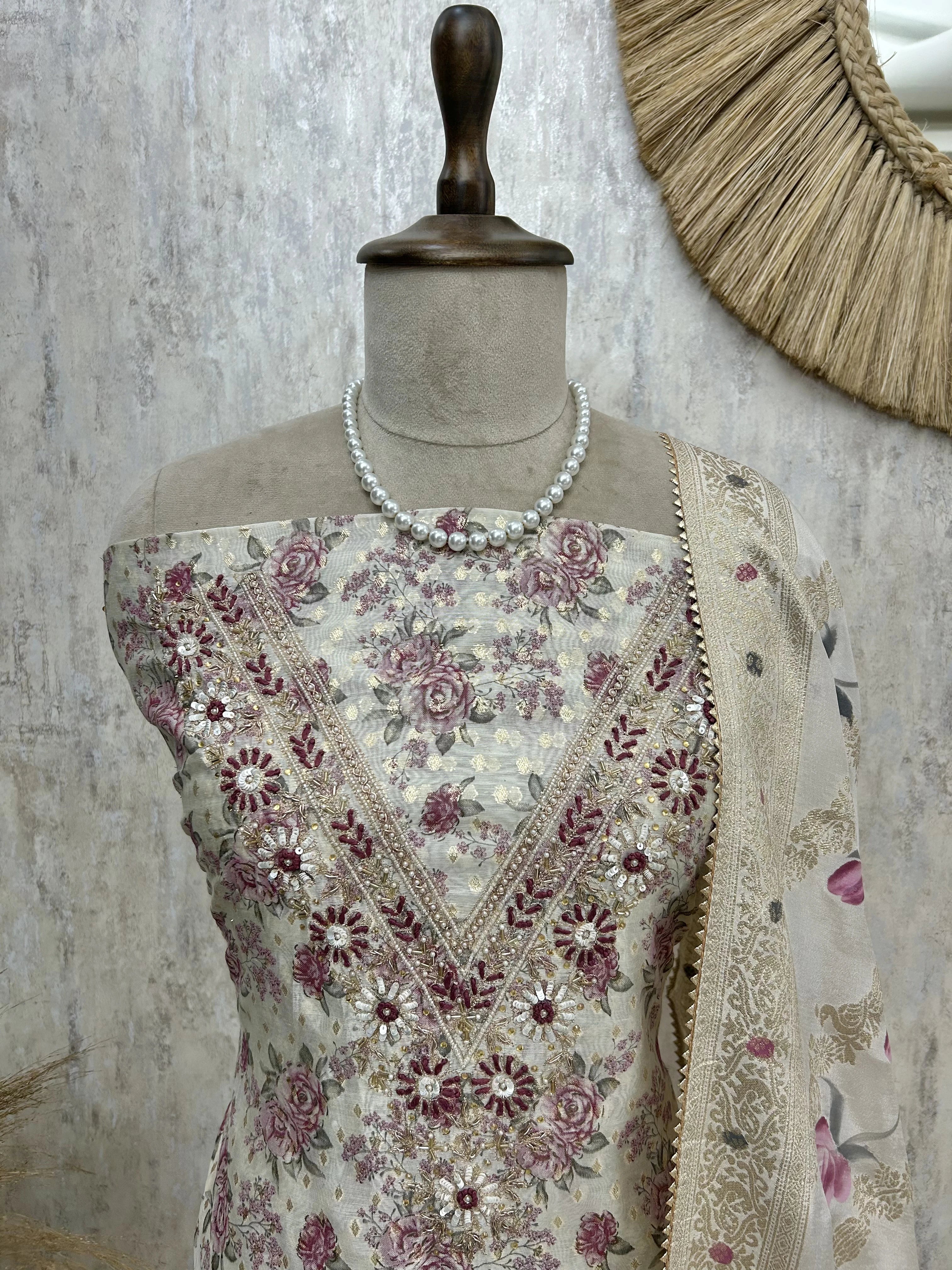 Pearl Work Neckline Maheshwari Unstitched Suit Set