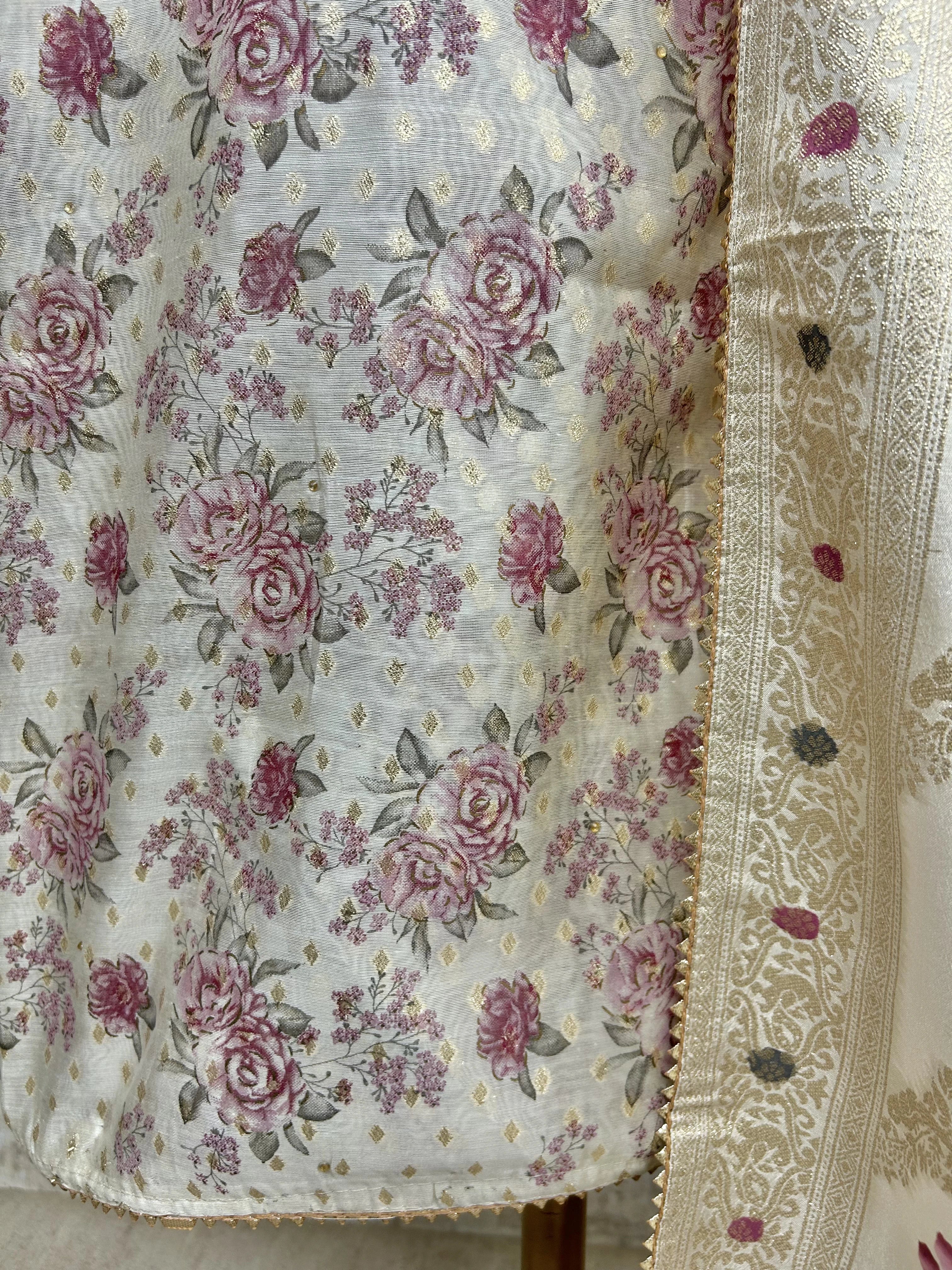Pearl Work Neckline Maheshwari Unstitched Suit Set