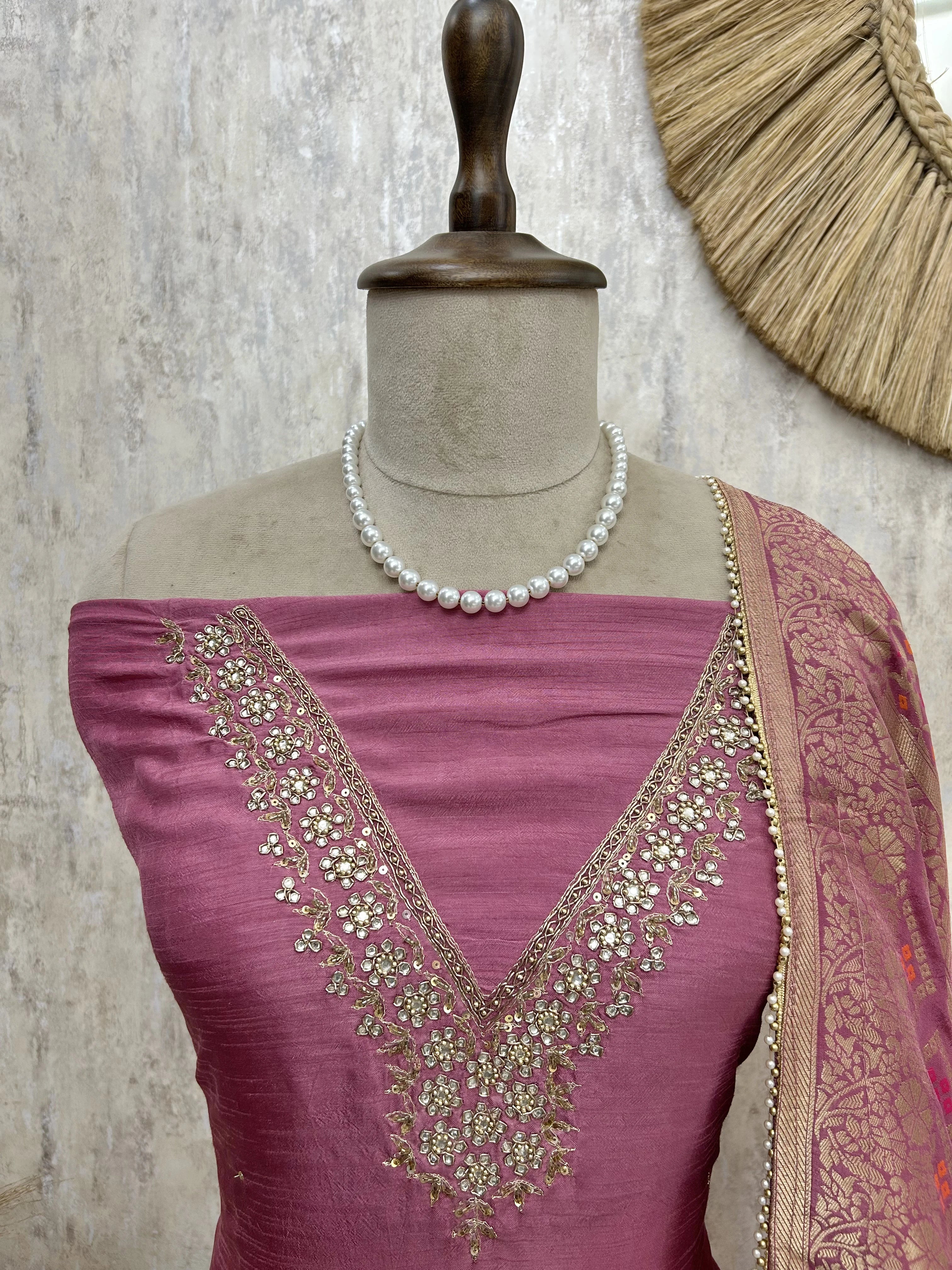 Khadi Silk Unstitched Suit Set With Katdana Work