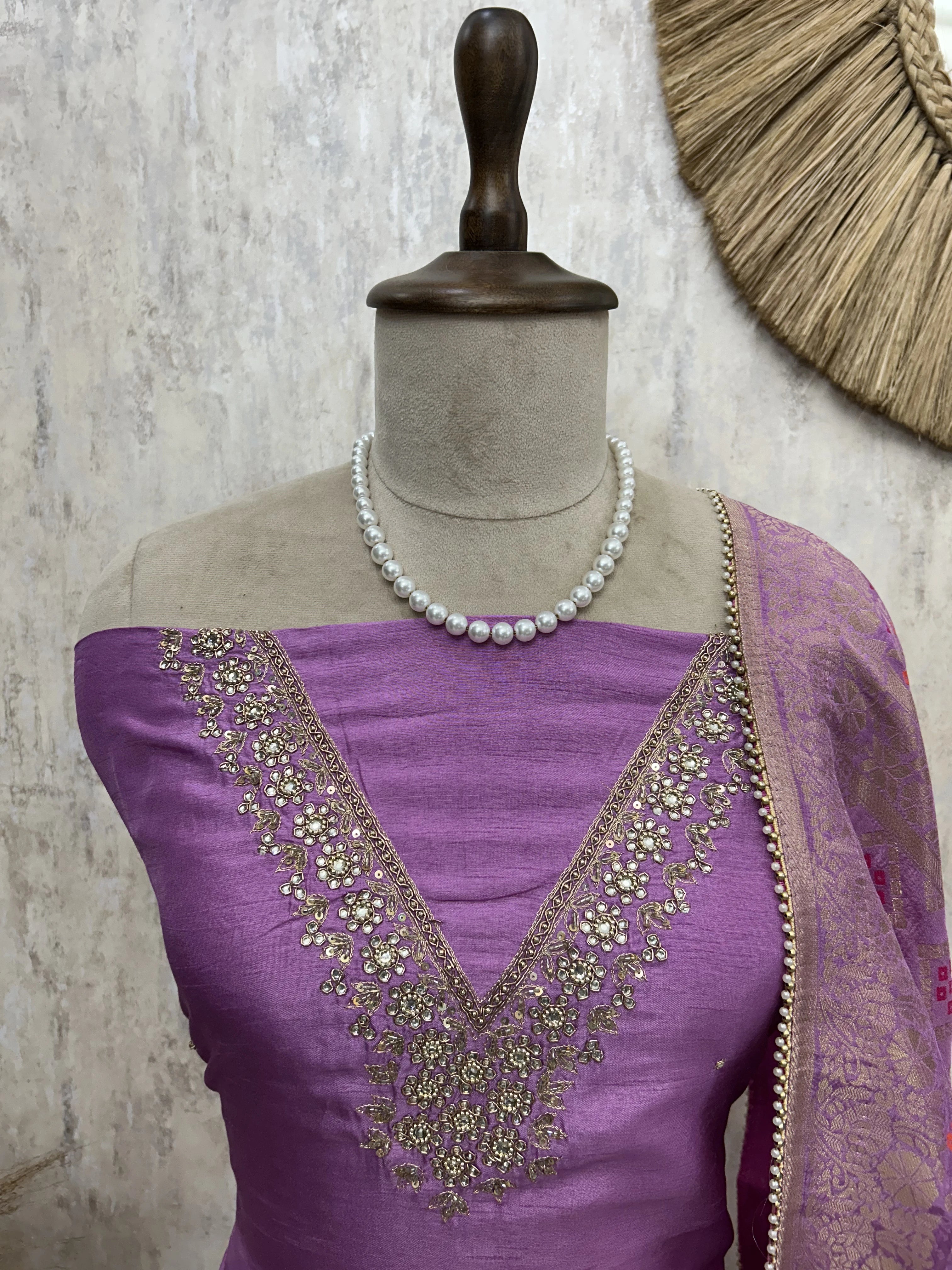 Khadi Silk Unstitched Suit Set With Katdana Work