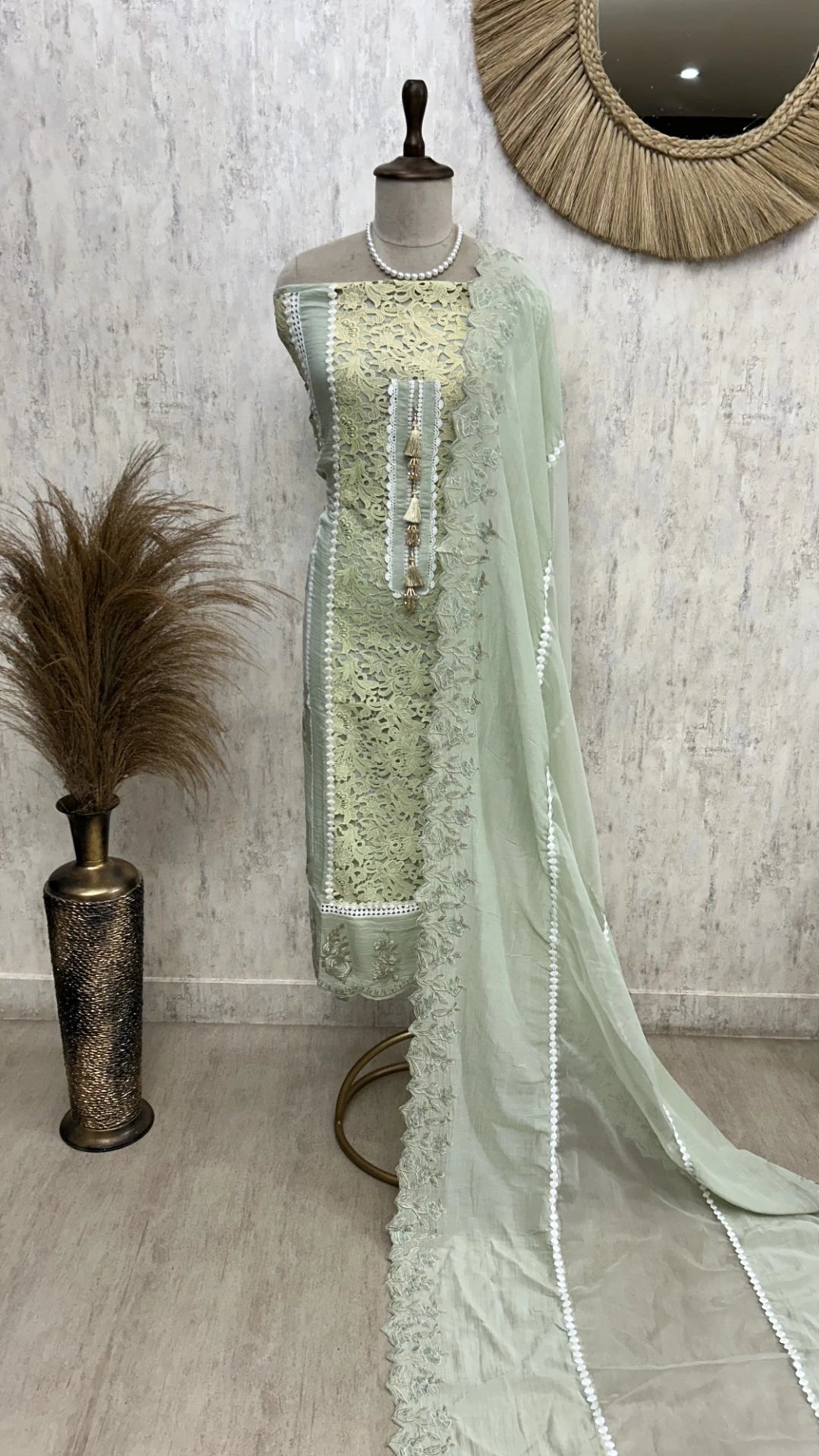 Mul Unstitched Suit Set With Cut Lace Work