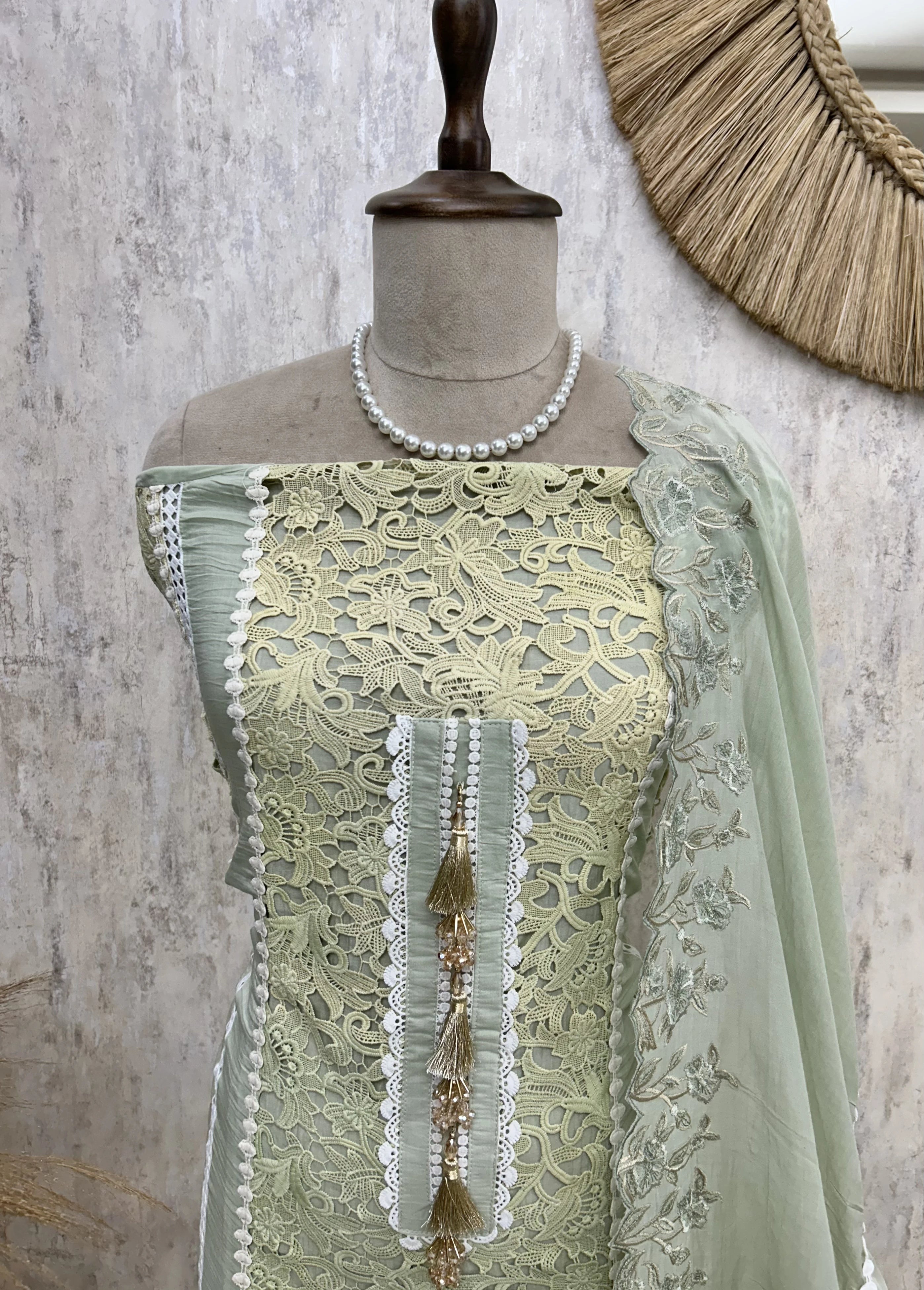 Mul Unstitched Suit Set With Cut Lace Work