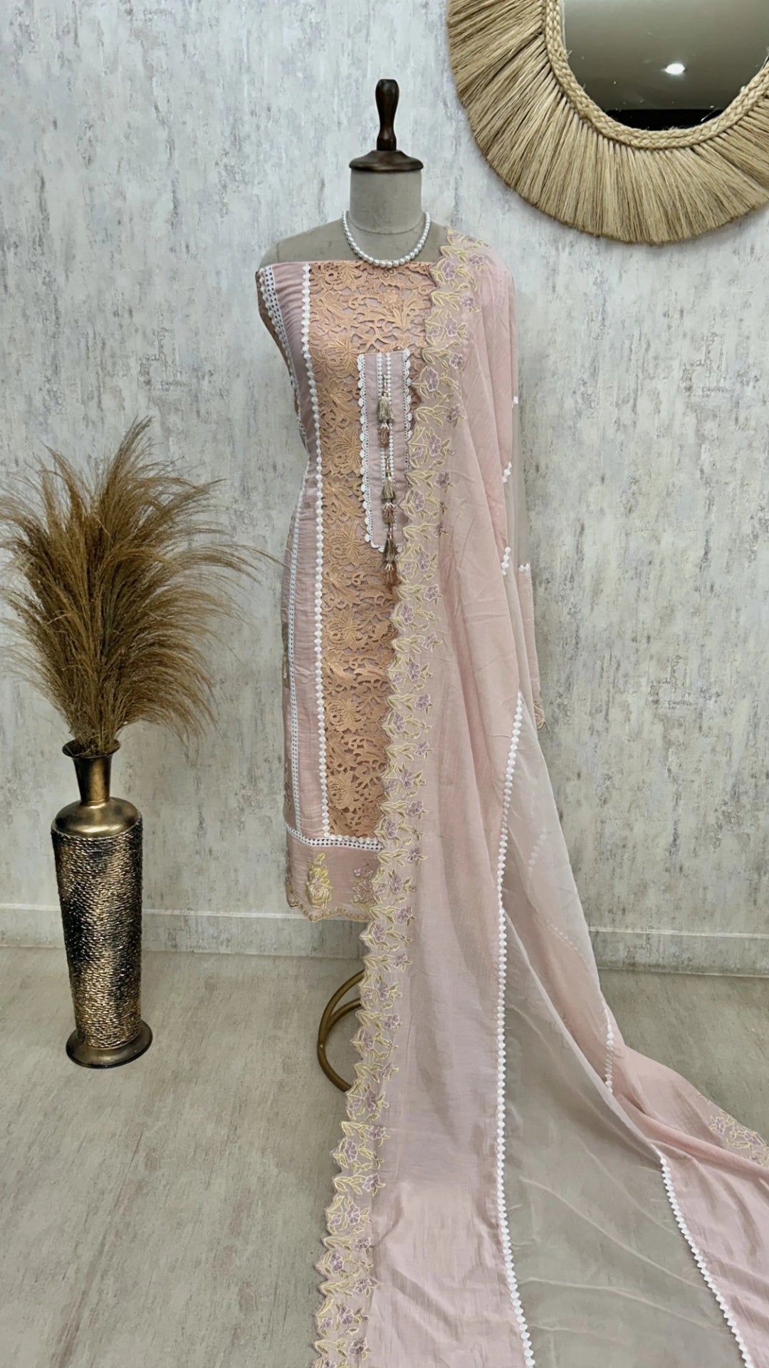 Mul Unstitched Suit Set With Cut Lace Work