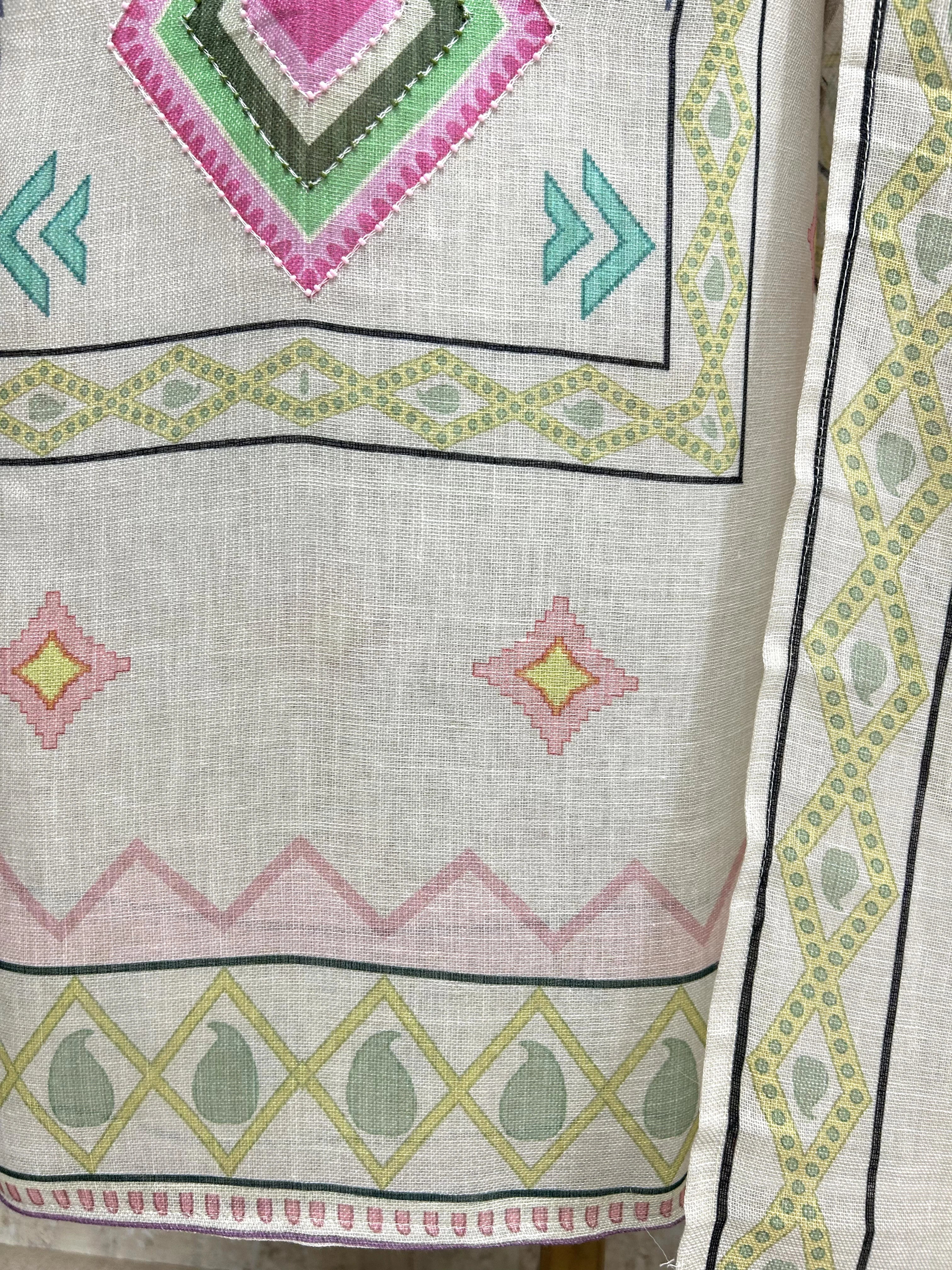 Printed Linen Unstitched Suit Set With Pearl Work