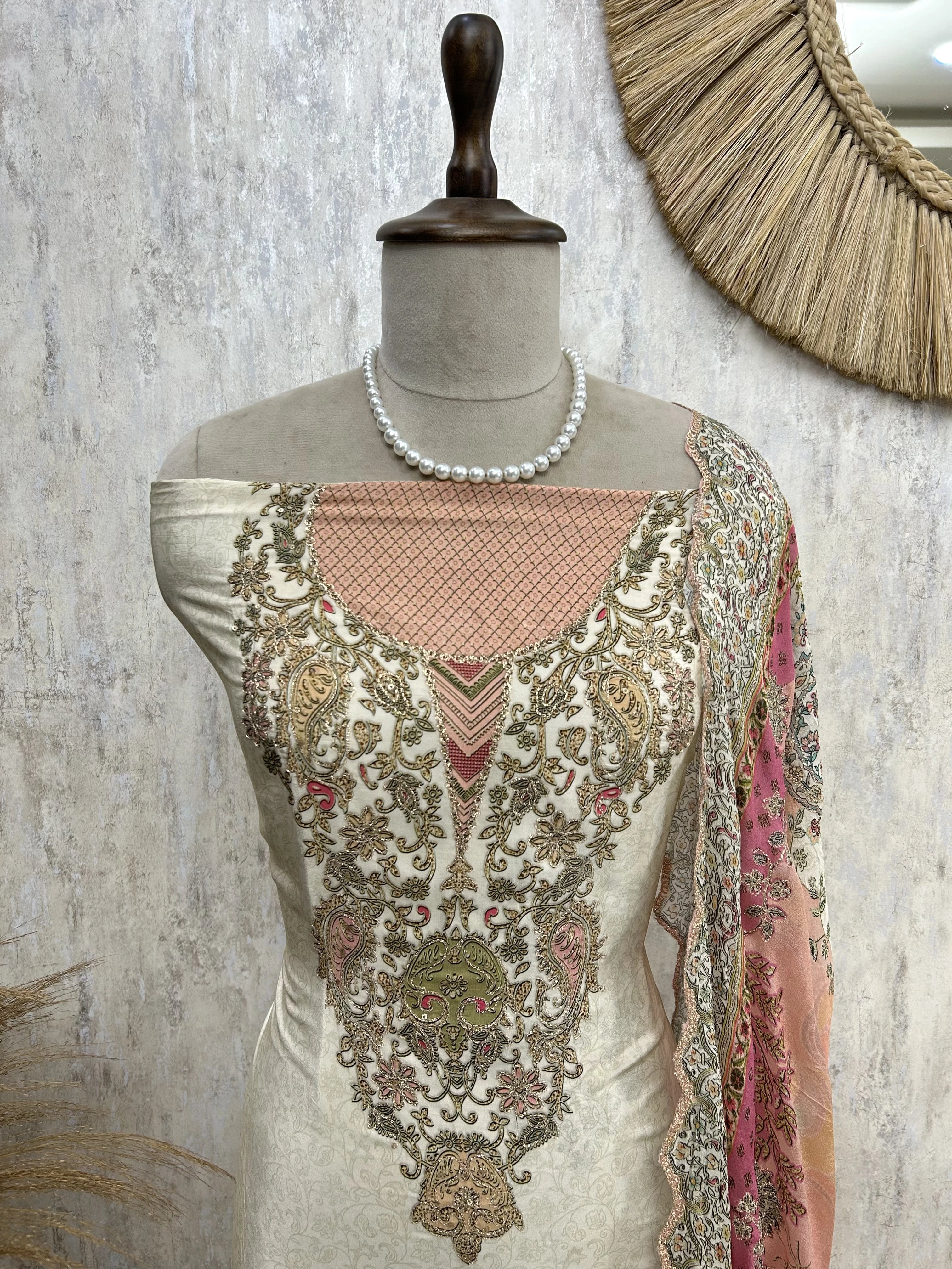 Crepe Unstitched Suit Set With Zari Work